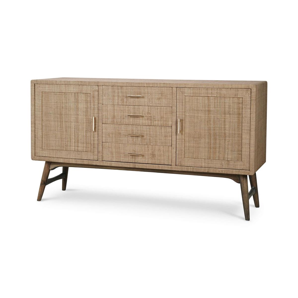 Bramble Pierre Mid Century Buffet/Media w/ Raw Raffia and Straw — Raffia Raw / Straw Wash