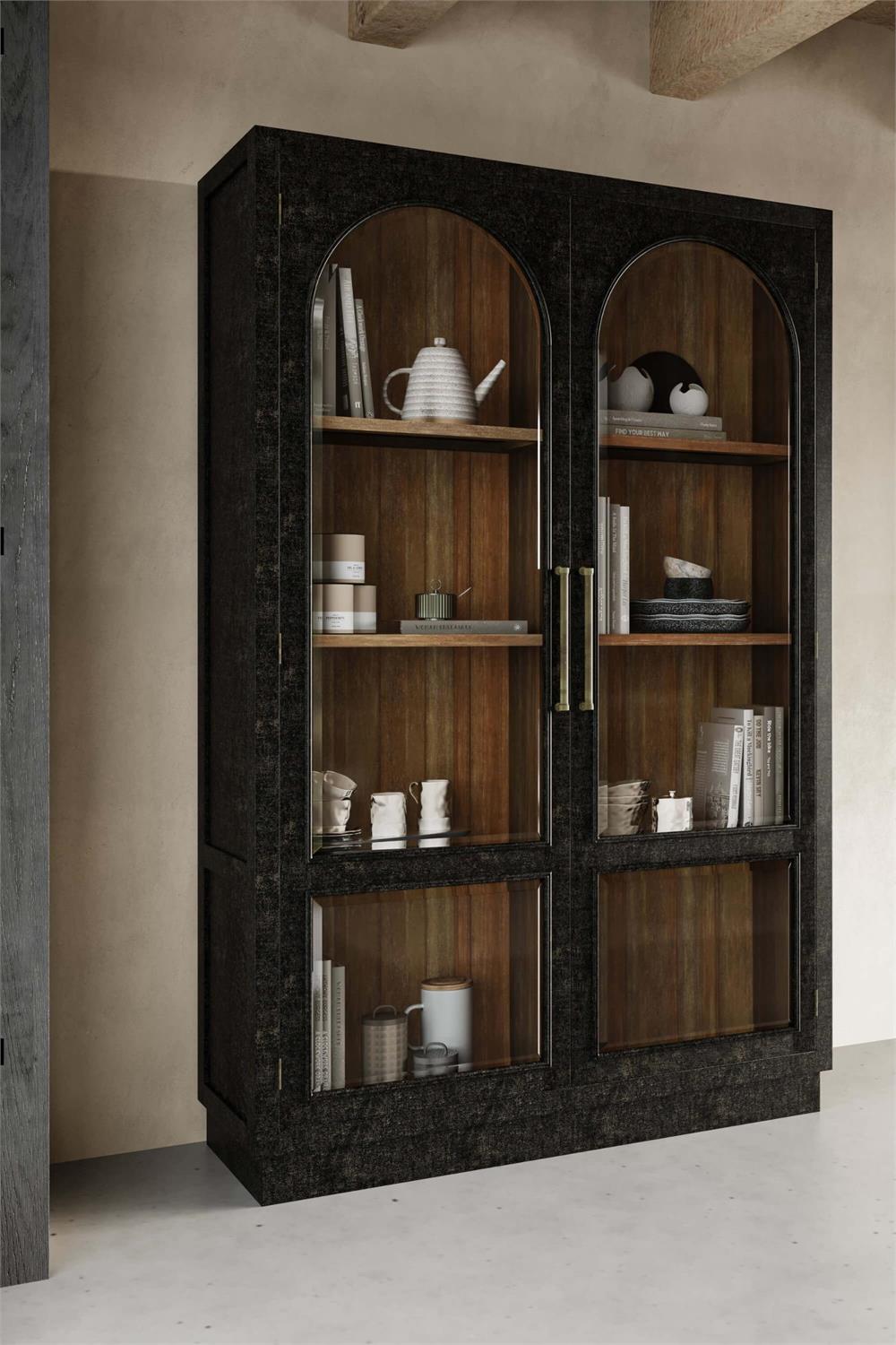 Bramble Vannes 2 Door Display Cabinet w/ Glass Shelves — Vintage Black / Straw Wash
