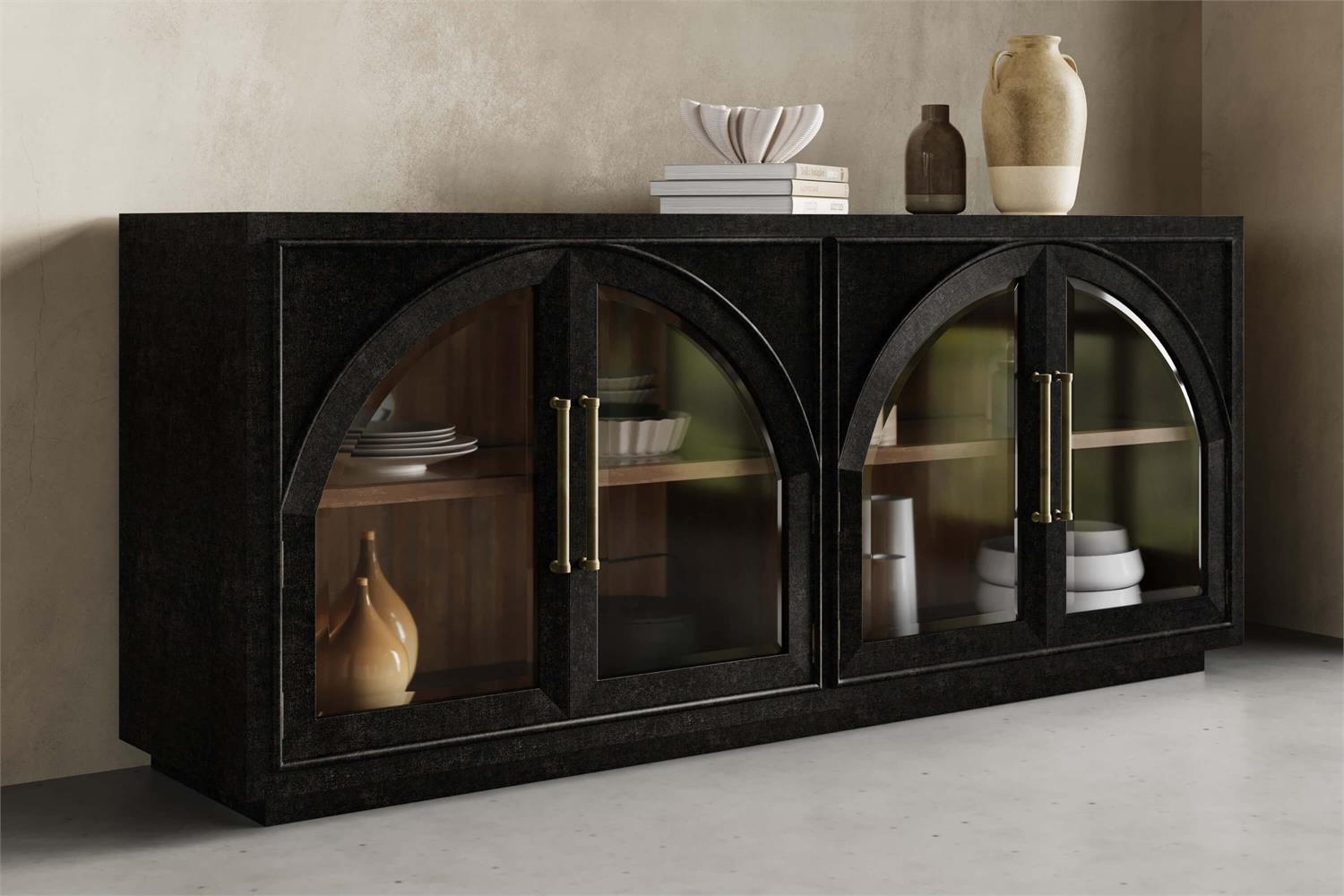 Bramble Vannes 4 Door Sideboard w/ Glass Shelves — Vintage Black / Straw Wash
