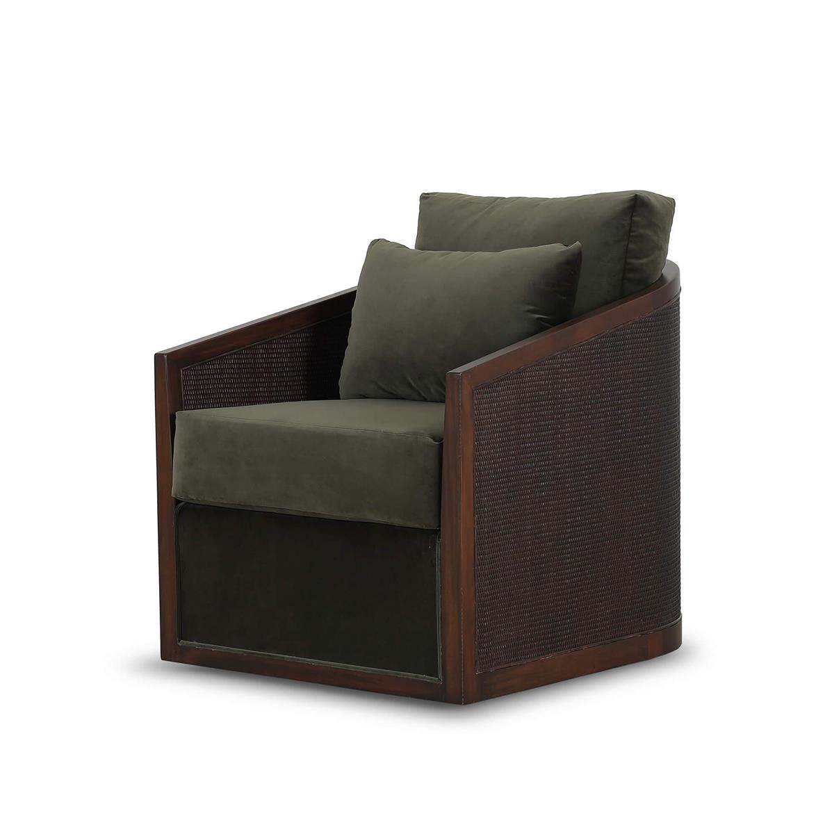 Bramble Willis Swivel Chair w/ Mahogany Frame & Rattan — Matt Teak Brown / Forest Moss Velvet