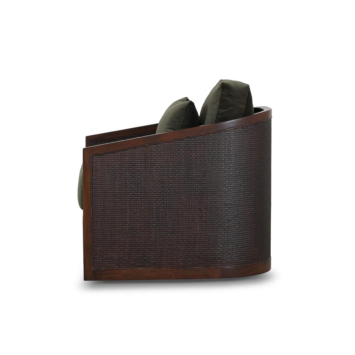 Bramble Willis Swivel Chair w/ Mahogany Frame & Rattan — Matt Teak Brown / Forest Moss Velvet