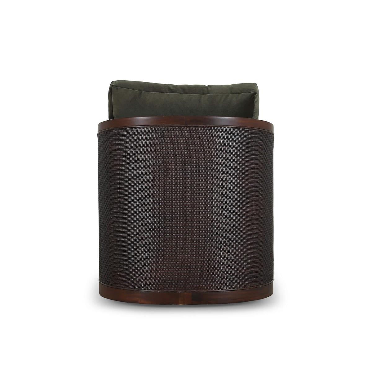Bramble Willis Swivel Chair w/ Mahogany Frame & Rattan — Matt Teak Brown / Forest Moss Velvet