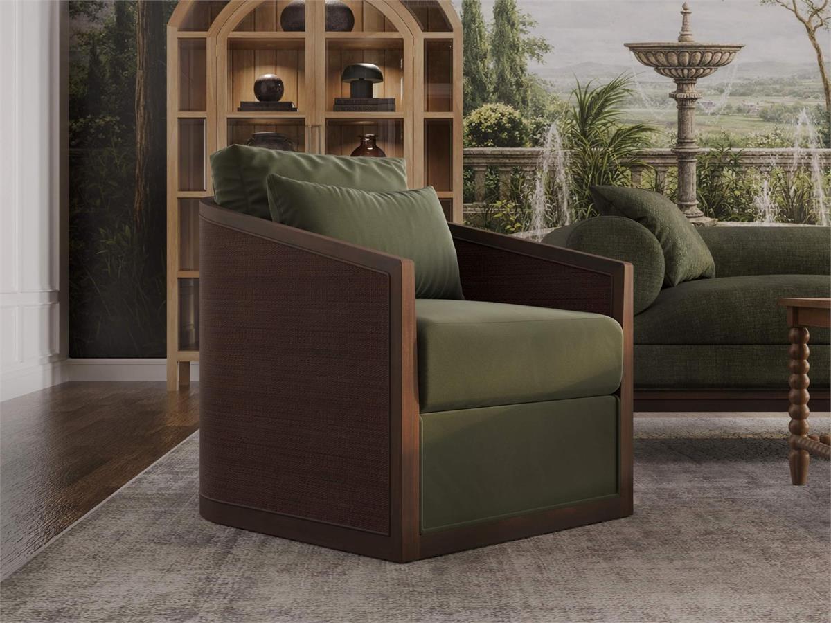 Bramble Willis Swivel Chair w/ Mahogany Frame & Rattan — Matt Teak Brown / Forest Moss Velvet