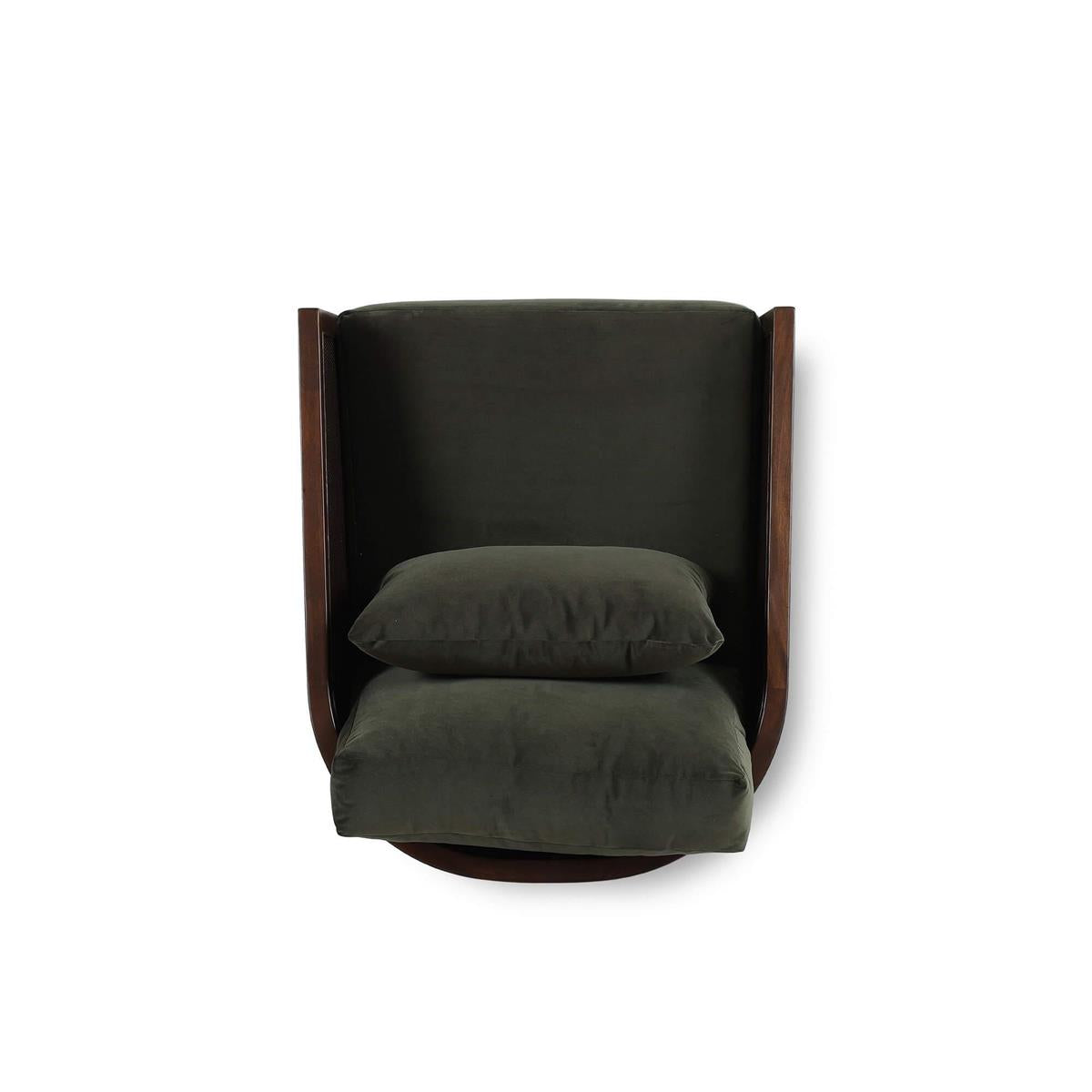 Bramble Willis Swivel Chair w/ Mahogany Frame & Rattan — Matt Teak Brown / Forest Moss Velvet