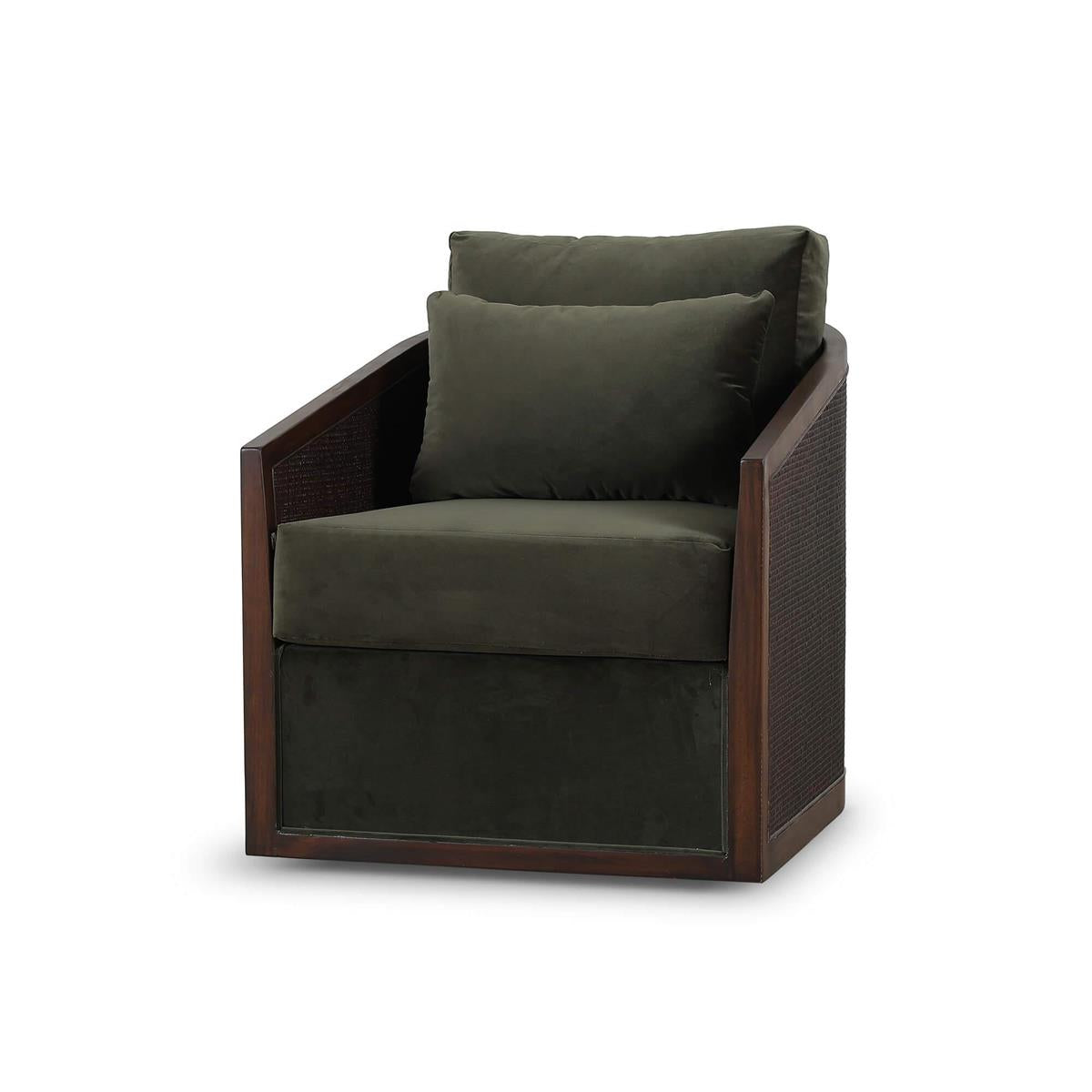 Bramble Willis Swivel Chair w/ Mahogany Frame & Rattan — Matt Teak Brown / Forest Moss Velvet