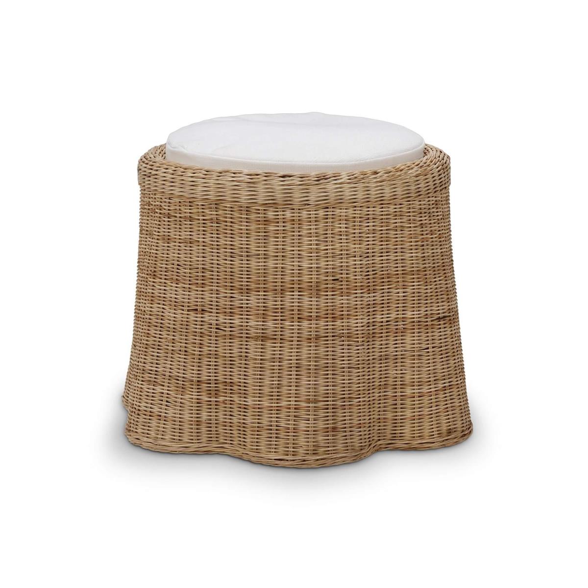 Bramble Newport Rattan Round Small Ottoman w/ Cushion — Rattan Natural / Arctic