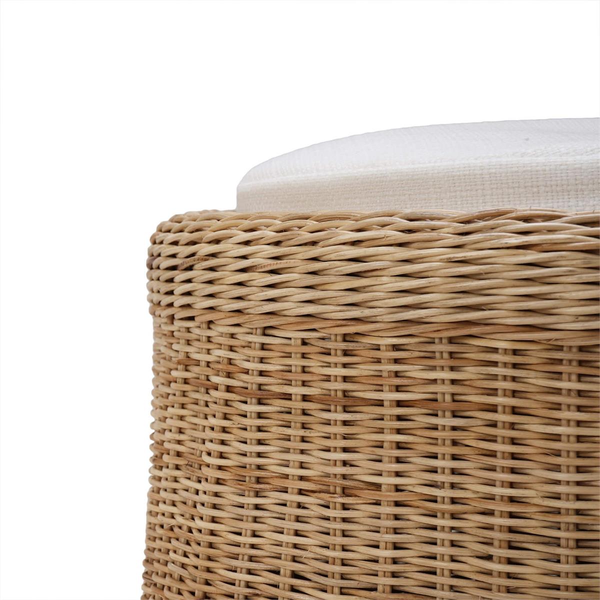 Bramble Newport Rattan Round Small Ottoman w/ Cushion — Rattan Natural / Arctic