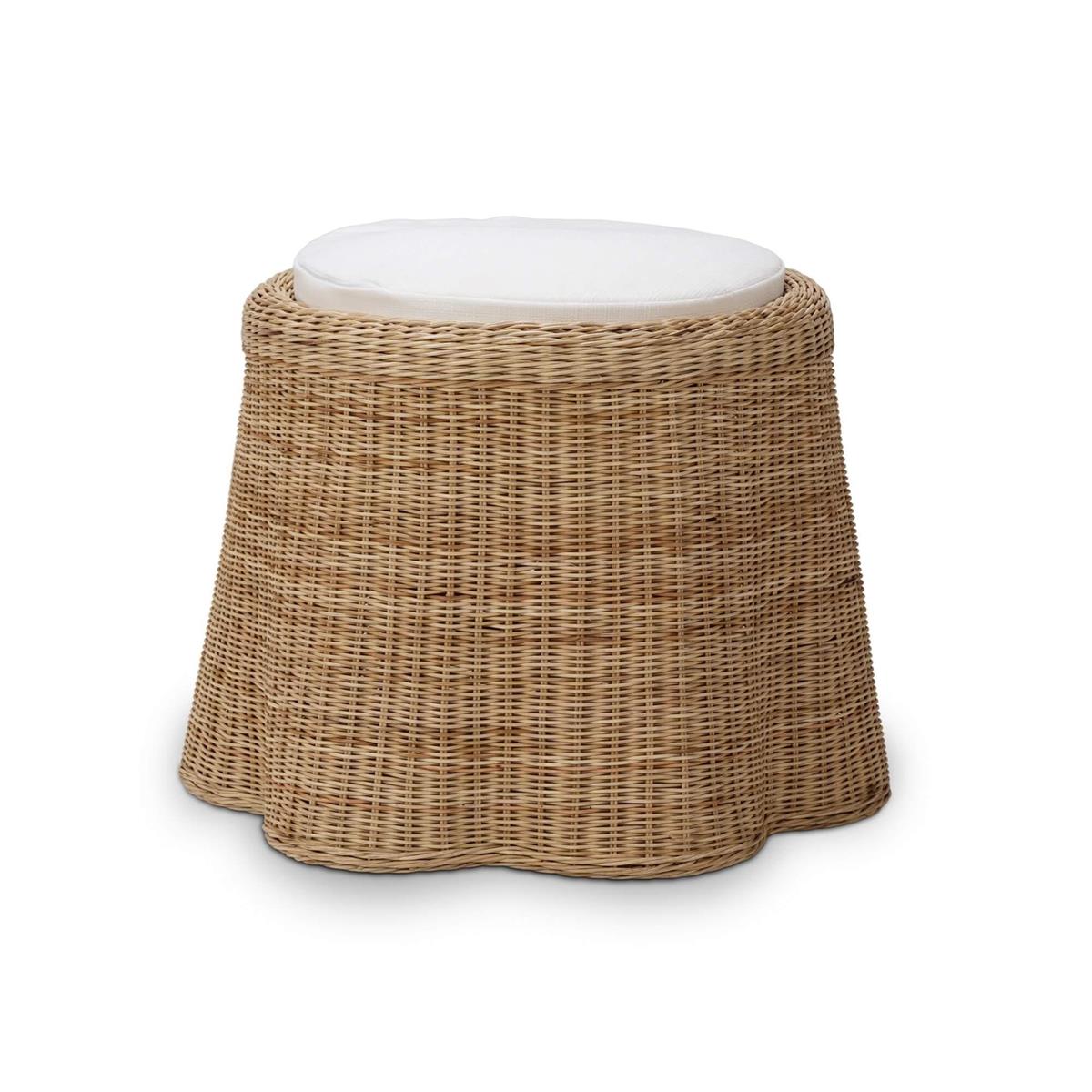 Bramble Newport Rattan Round Small Ottoman w/ Cushion — Rattan Natural / Arctic