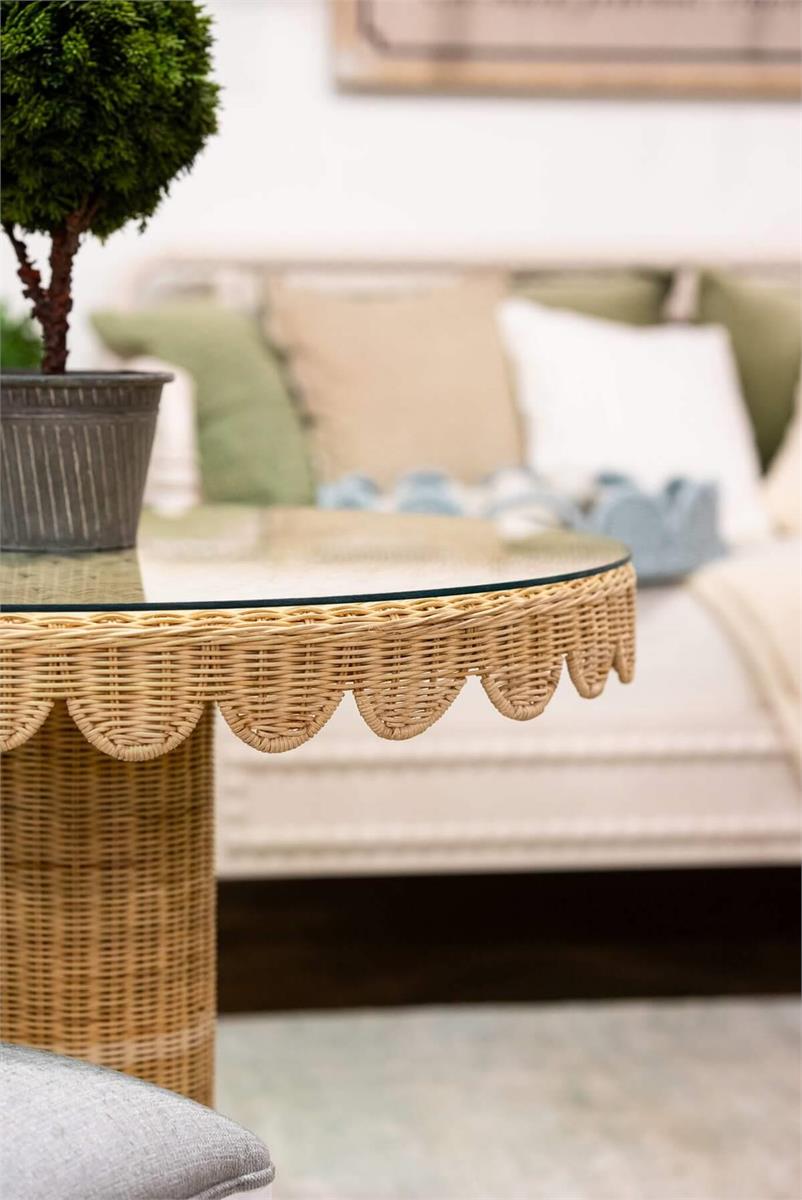 Bramble Scalloped Round Bistro Table w/ Tempered Glass — Rattan Natural