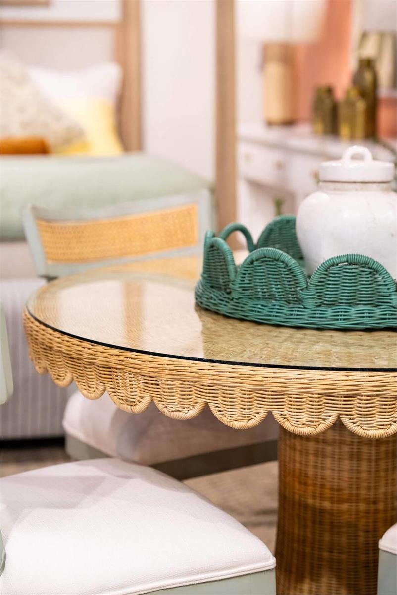 Bramble Scalloped Round Bistro Table w/ Tempered Glass — Rattan Natural