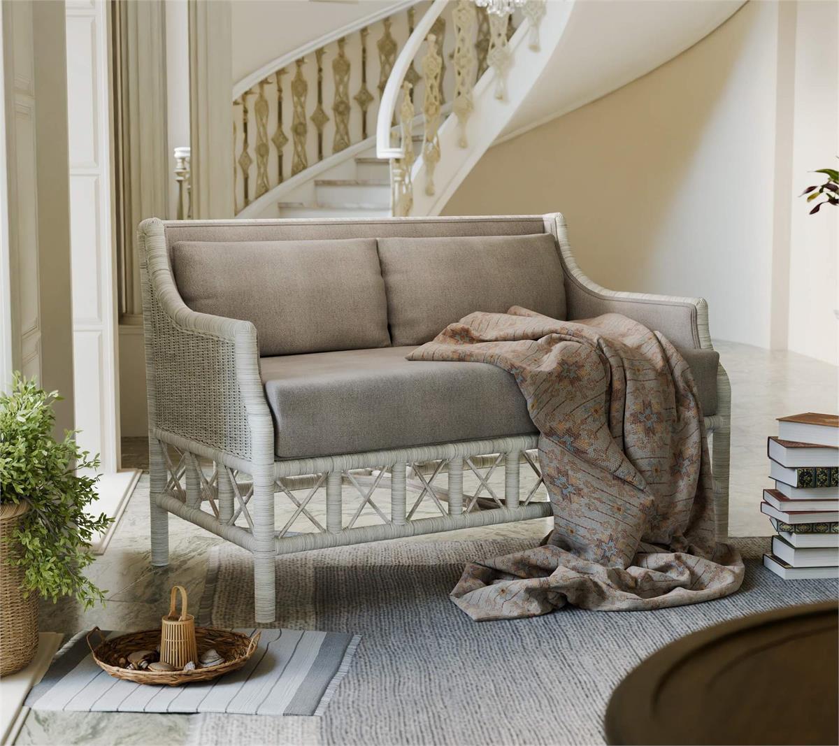 Bramble Rabana Rattan Loveseat — Rattan White Wash / Oatmeal Boucle Chenille