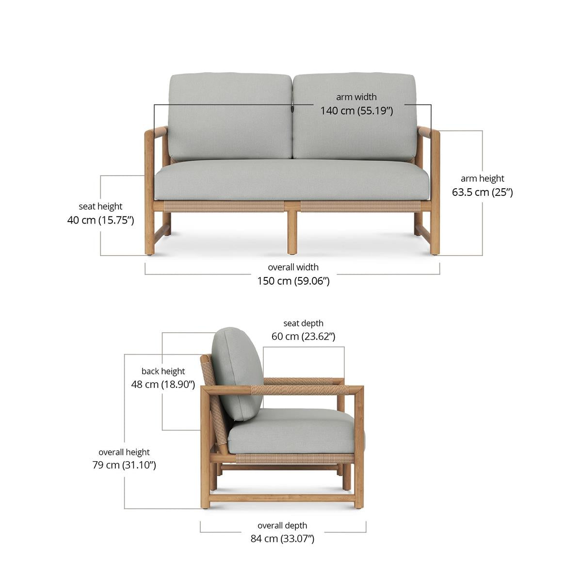 Bramble Jackson 2 Seater w/ Seat & Back Cushions - Outdoor Teak — Natural Teak Fine Sanded / Sunbrella Sand Cream
