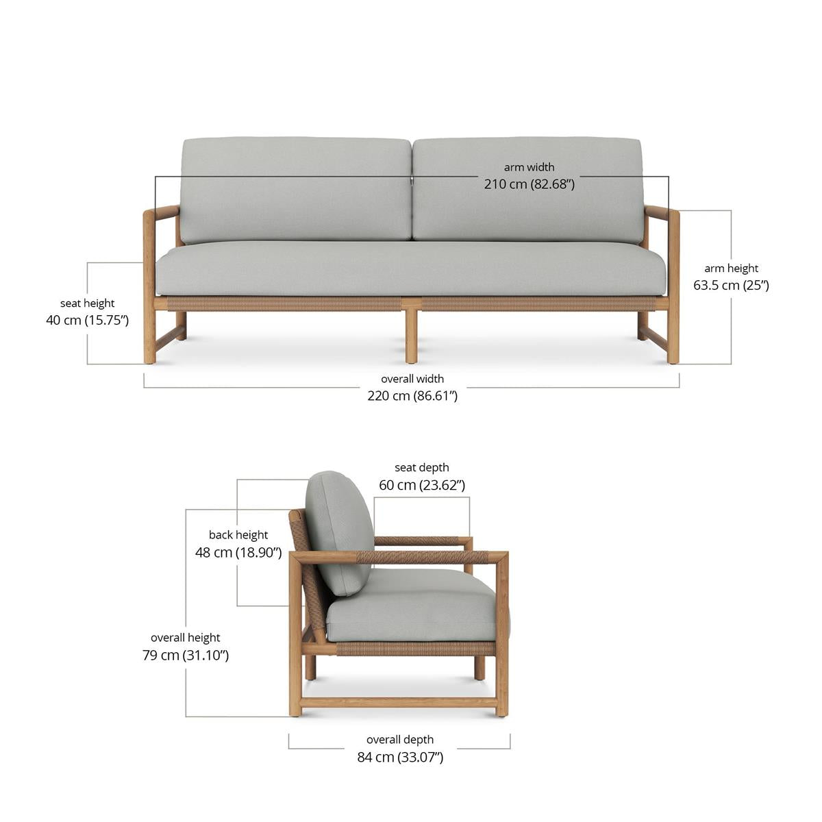 Bramble Jackson 3 Seater w/ Seat & Back Cushions - Outdoor Teak — Natural Teak Fine Sanded / Sunbrella Sand Cream