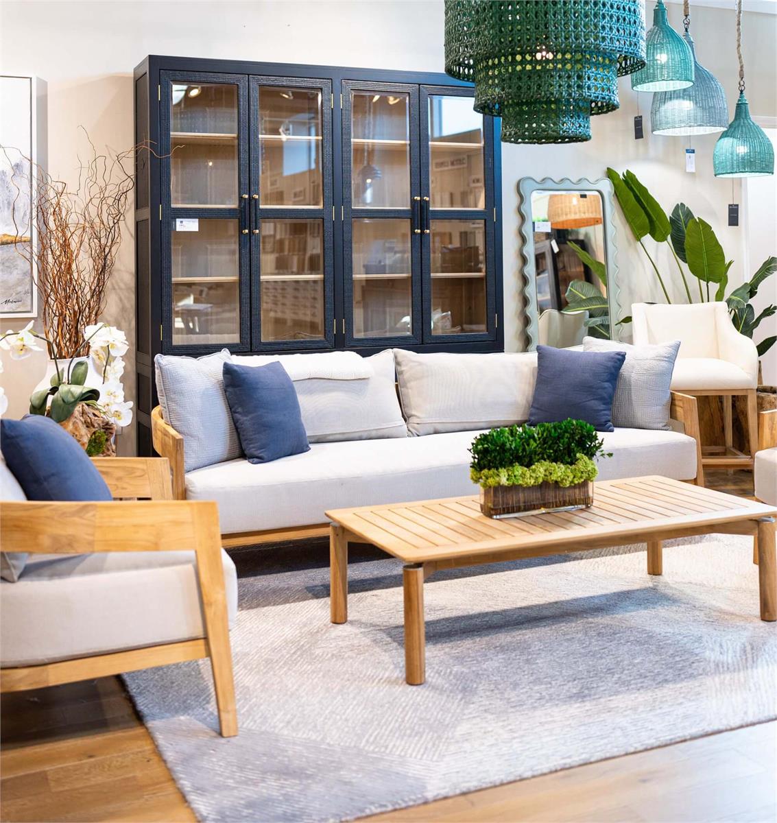 Bramble Raleigh Teak 3 Seater w/ Seat & Back Cushions - Outdoor Teak — Natural Teak Fine Sanded / Sunbrella Sand Cream