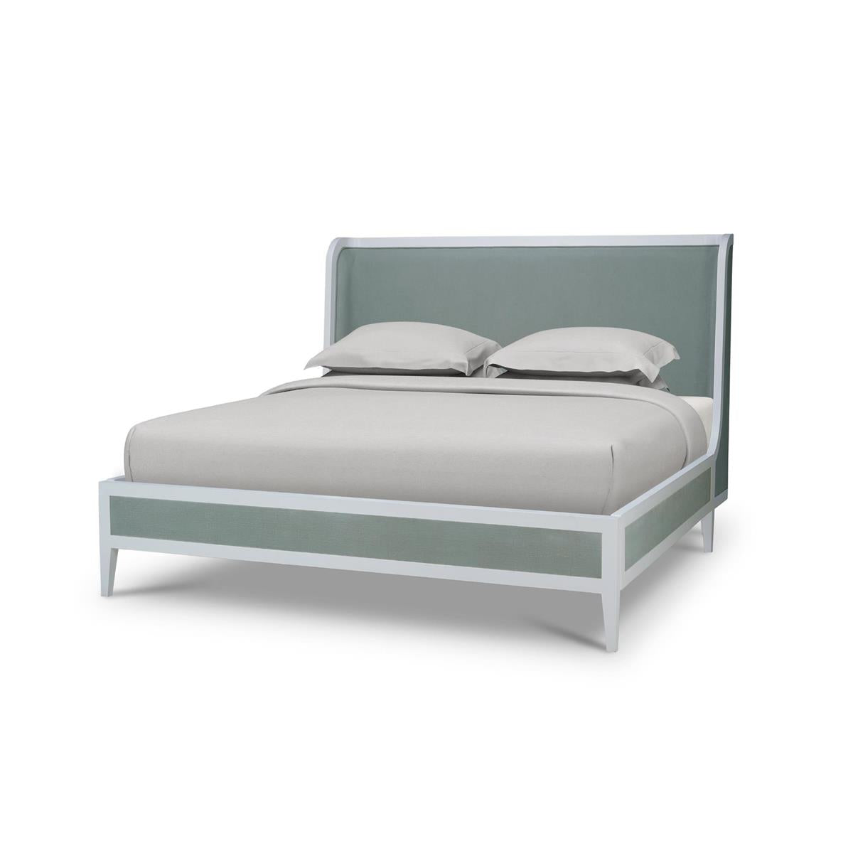 Bramble Mornington Queen Upholstered & Linen Wrapped Bed w/ True White Frame Yuko Sky Performance Fabric & Pale Blue Linen — True White * / Yuko Sky