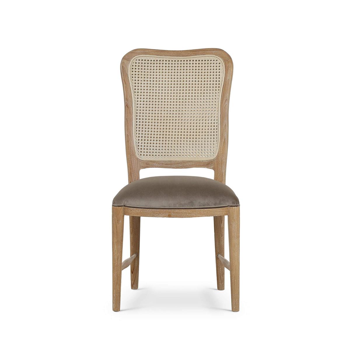 Bramble Laurna Upholstered Teak Dining Chair w/ Rattan Back — Teak White Wash / Espresso Brown Velvet