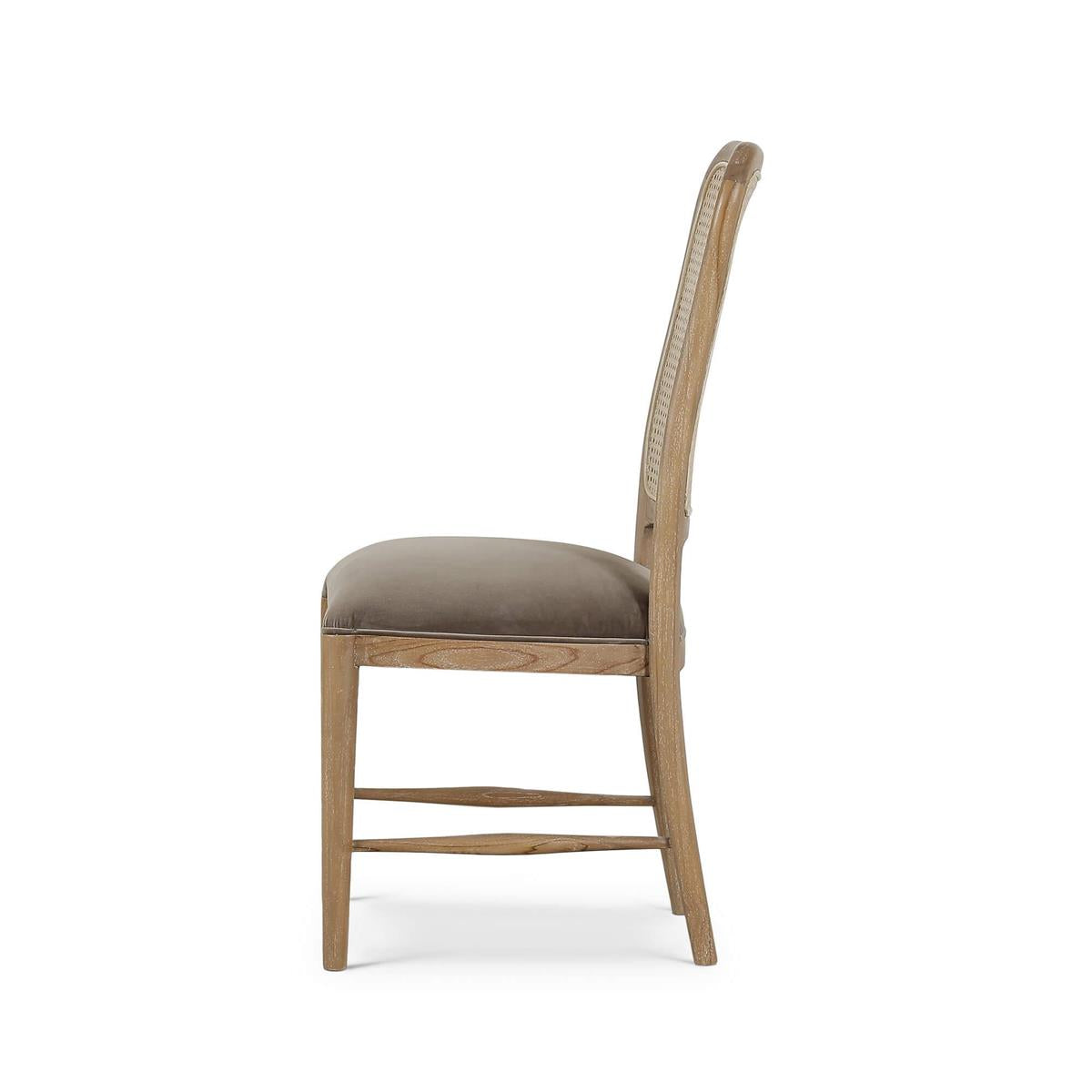 Bramble Laurna Upholstered Teak Dining Chair w/ Rattan Back — Teak White Wash / Espresso Brown Velvet