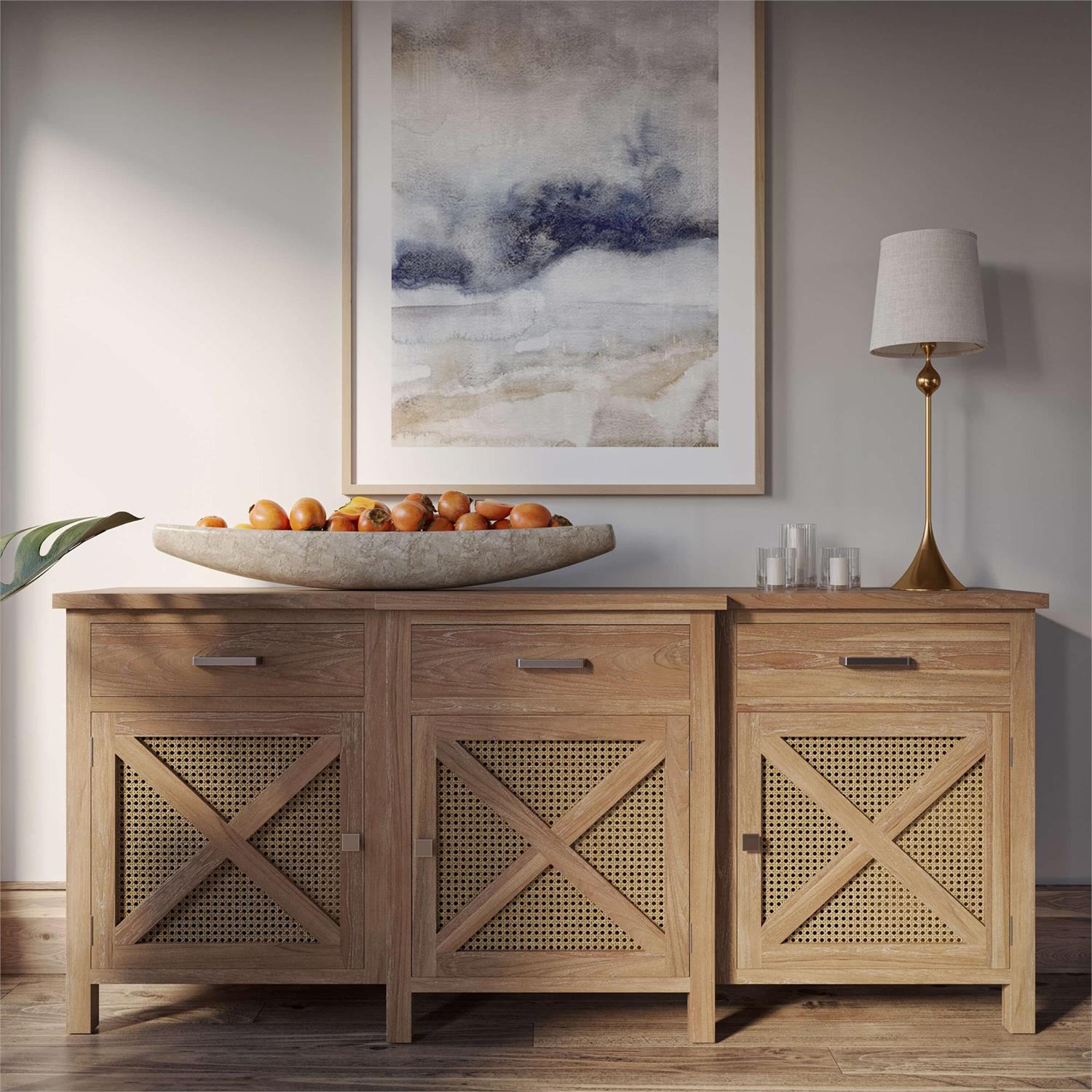 Bramble Silvia Reclaimed Teak 3 Door Sideboard — Teak Straw / Rattan Natural