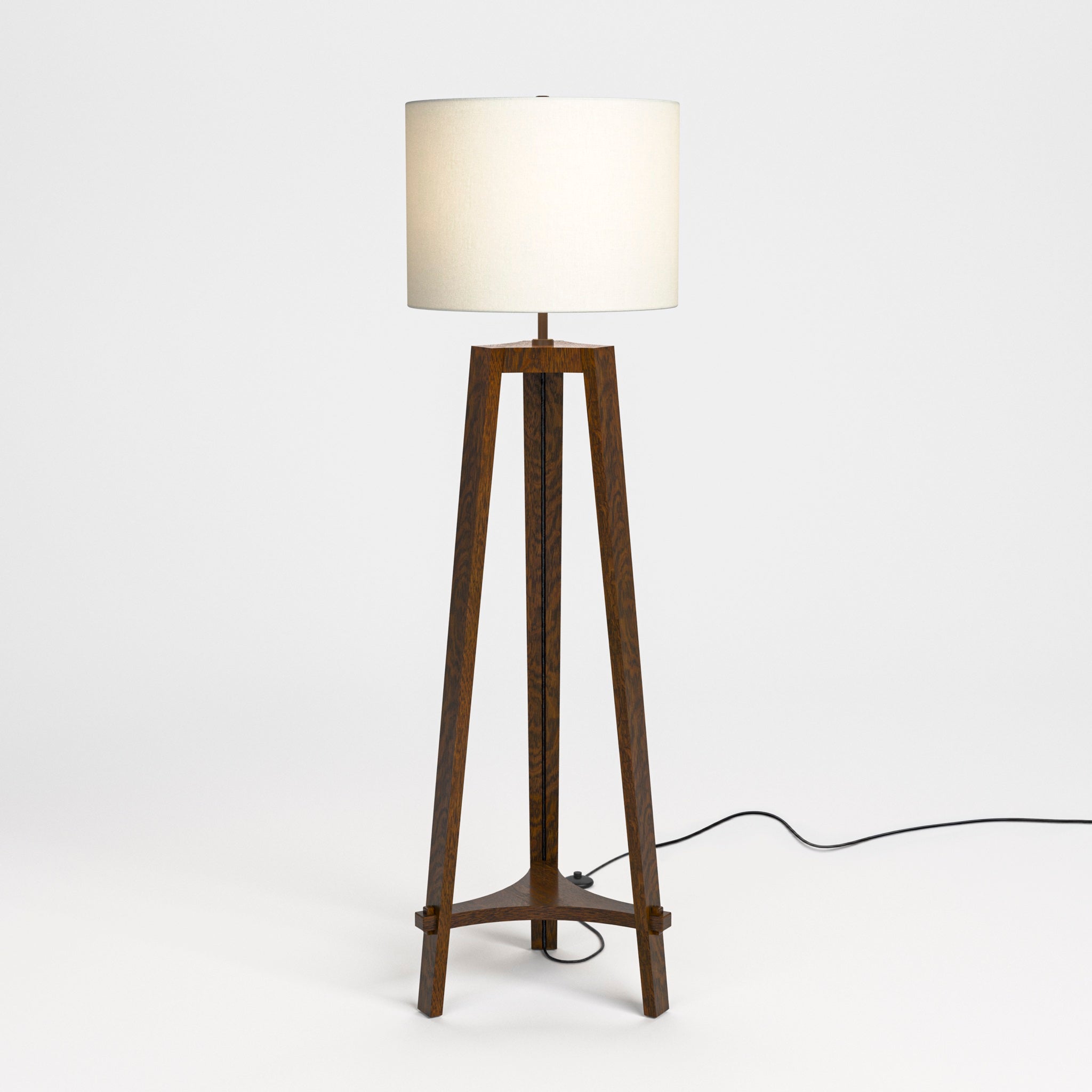 Stickley Mission Tripod Floor Lamp — Mission Tripod Floor Lamp Light On Cord Front
