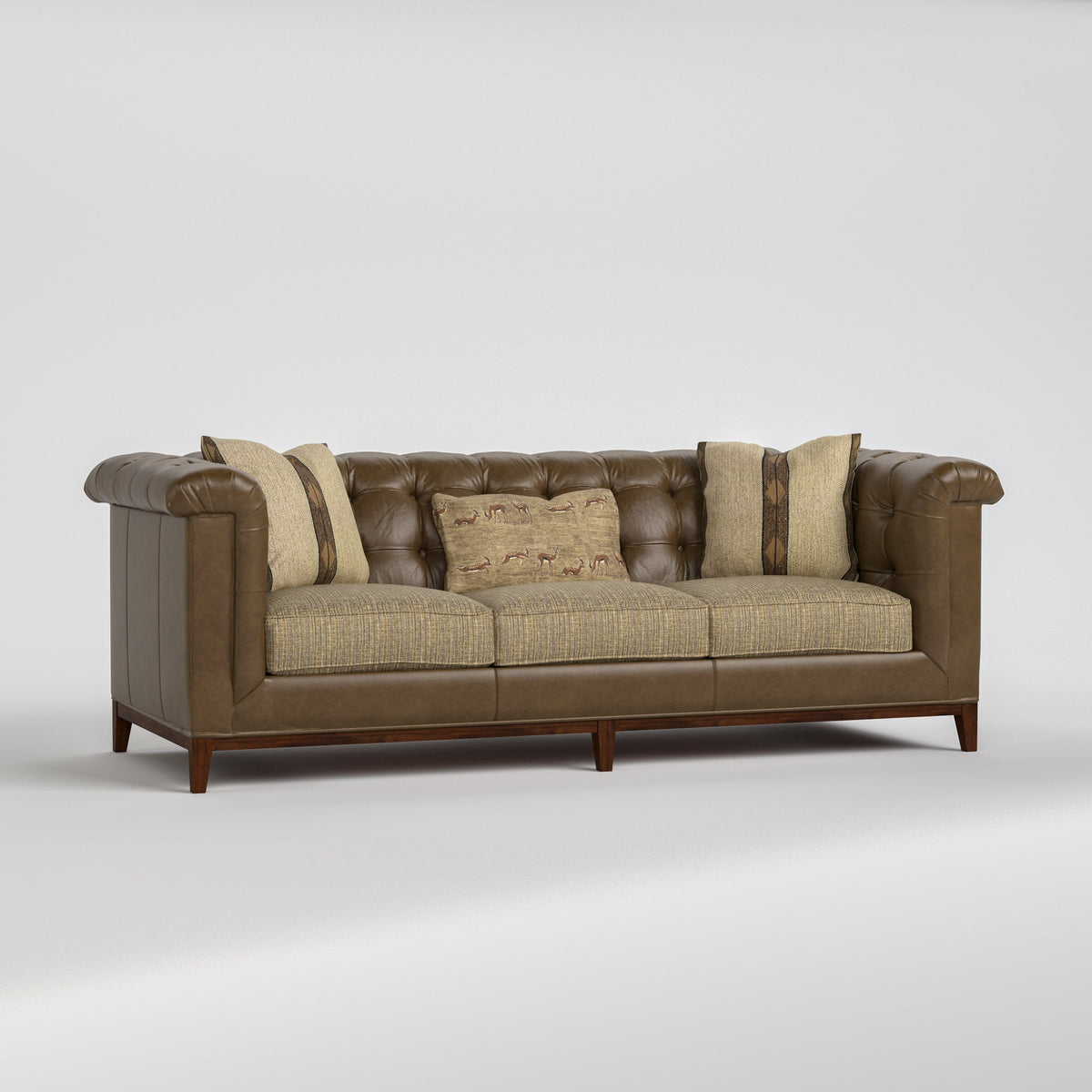 Stickley Fairfax 98-inch Sofa — button-tufted leather with fabric seat cushions (Perfect Pairings), three-quarter view
