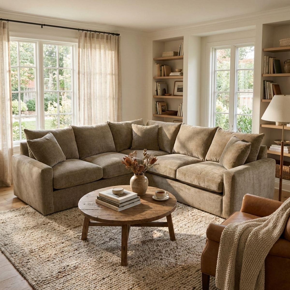Rowe Alden sectional sofa in a warm neutral fabric styled in a light-filled living room with wood shelves, textured rug, and round coffee table