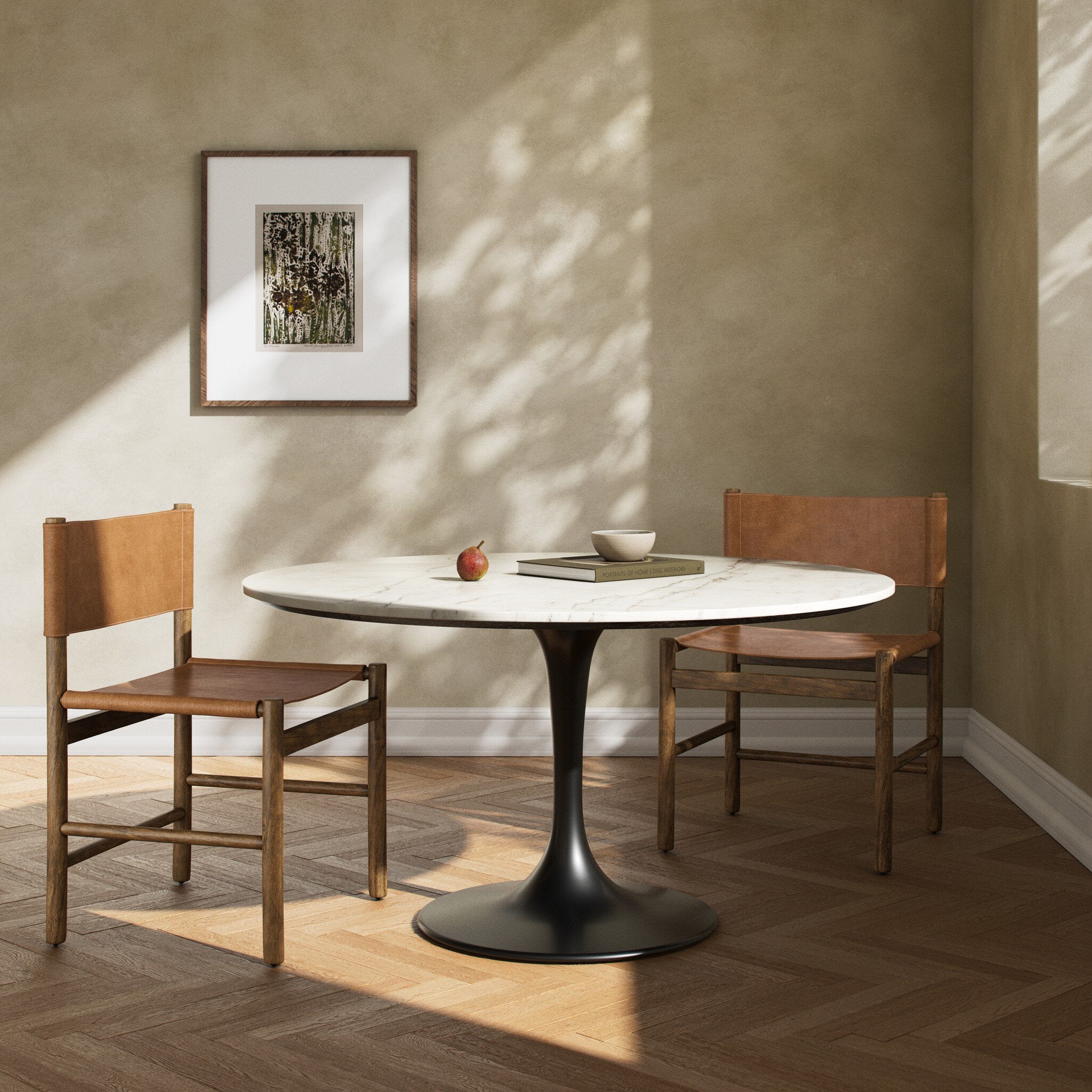Four Hands Powell Dining Table — White Marble-Weathered Ash-Dark Rustic Black