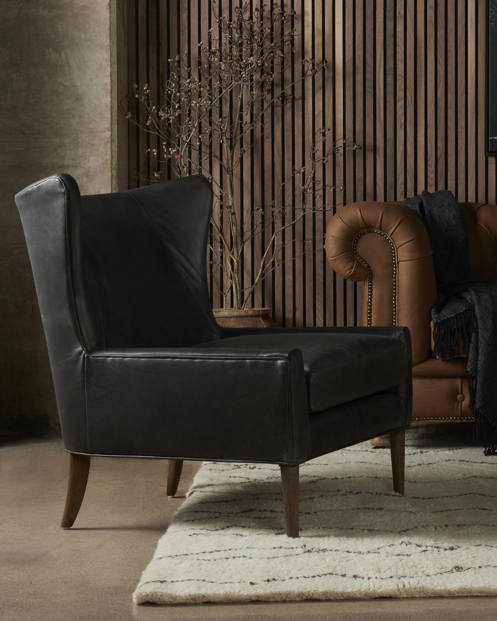 Four Hands Marlow Wing Chair — Vintage Black-Vintage Brown