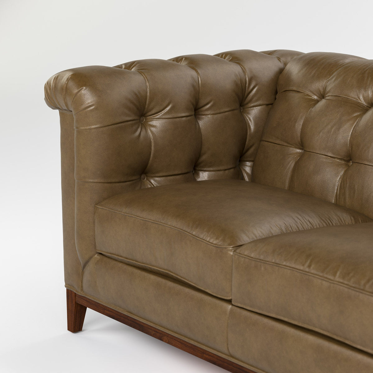 Stickley Fairfax 98-inch Sofa — close-up of the tufted rolled arm in Defy Gravity leather