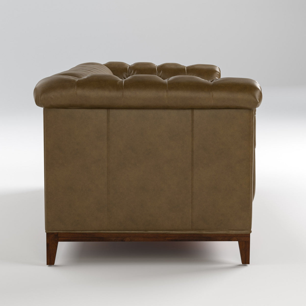 Stickley Fairfax 98-inch Sofa — Defy Gravity leather, side profile with tapered Dark Maple legs