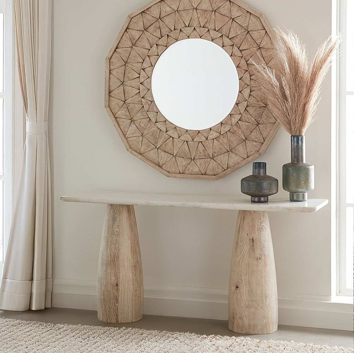 Home Trends & Design Palm Springs 60" Console Table with White Marble and Whitewash Modern Base — Whitewash