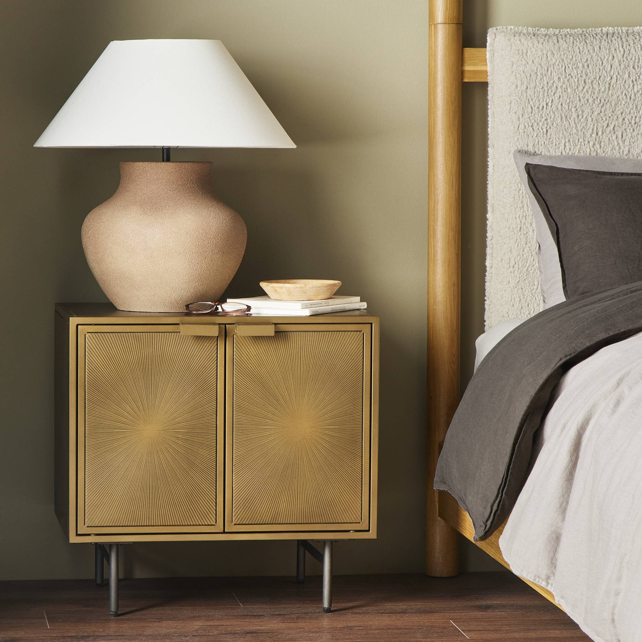 Four Hands Sunburst Cabinet Nightstand — Sunburst Etched Aged Brass PC-Gunmetal-Aged Brass PC