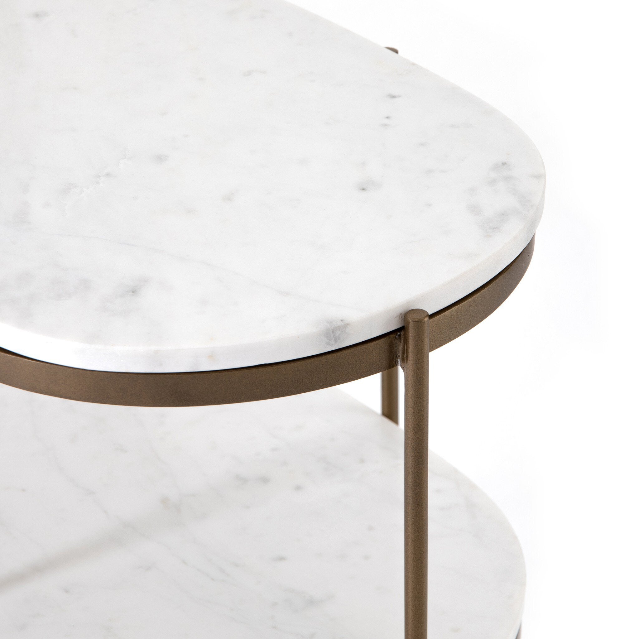 Four Hands Felix Oval Nightstand — Antique Brass-Polished White Marble