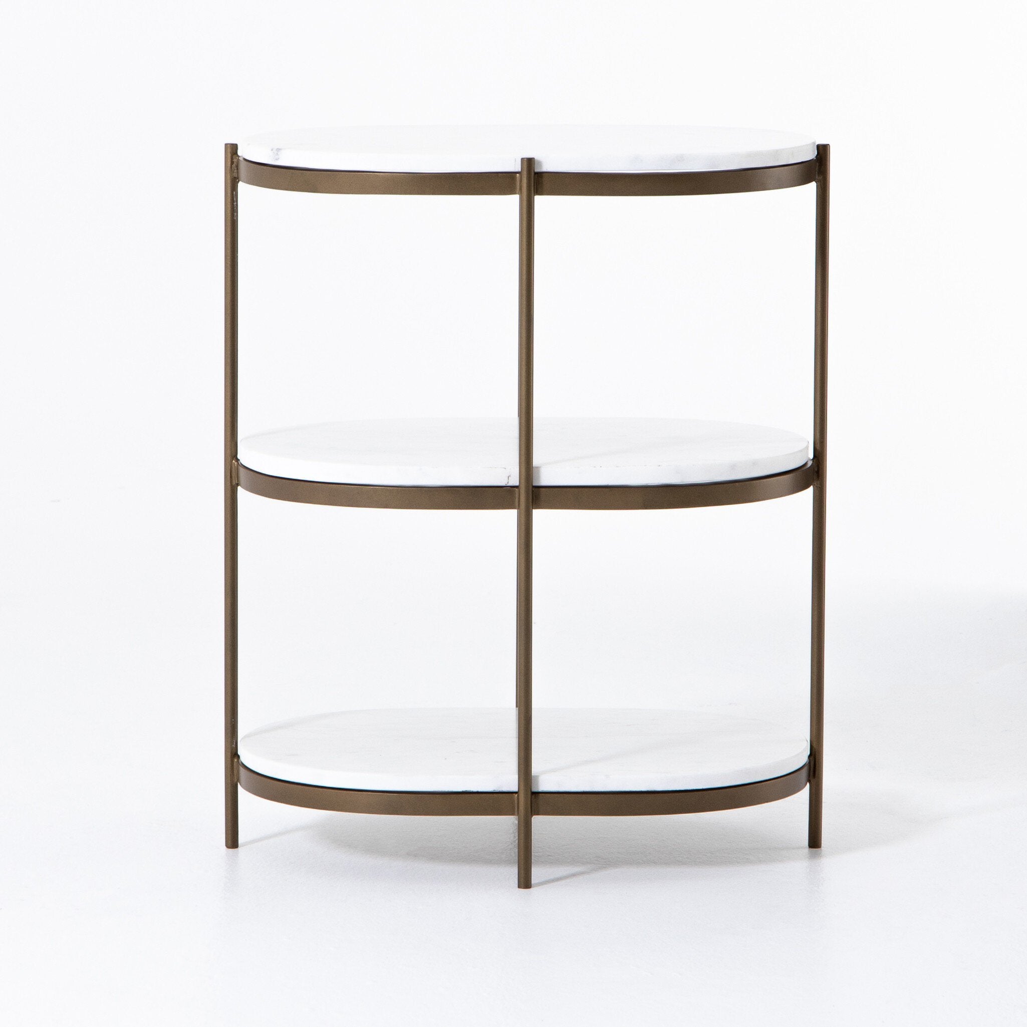 Four Hands Felix Oval Nightstand — Antique Brass-Polished White Marble