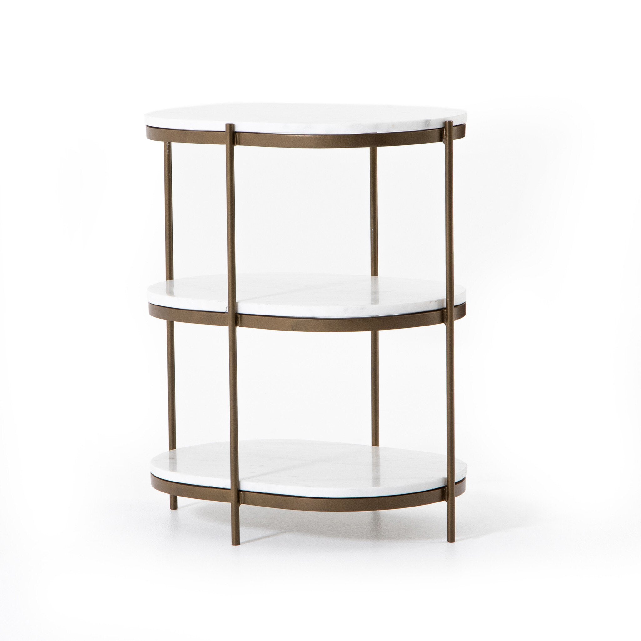 Four Hands Felix Oval Nightstand — Antique Brass-Polished White Marble