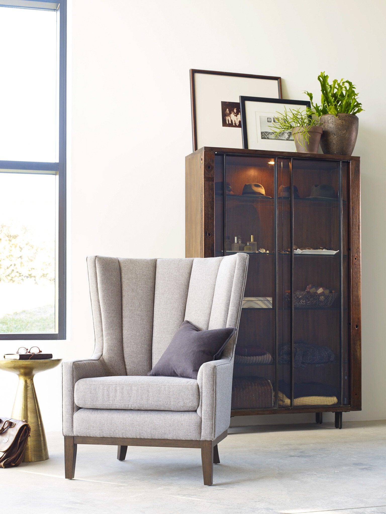 Four Hands Marlow Mod Pedestal Table — Brushed Brass-Ash Glass