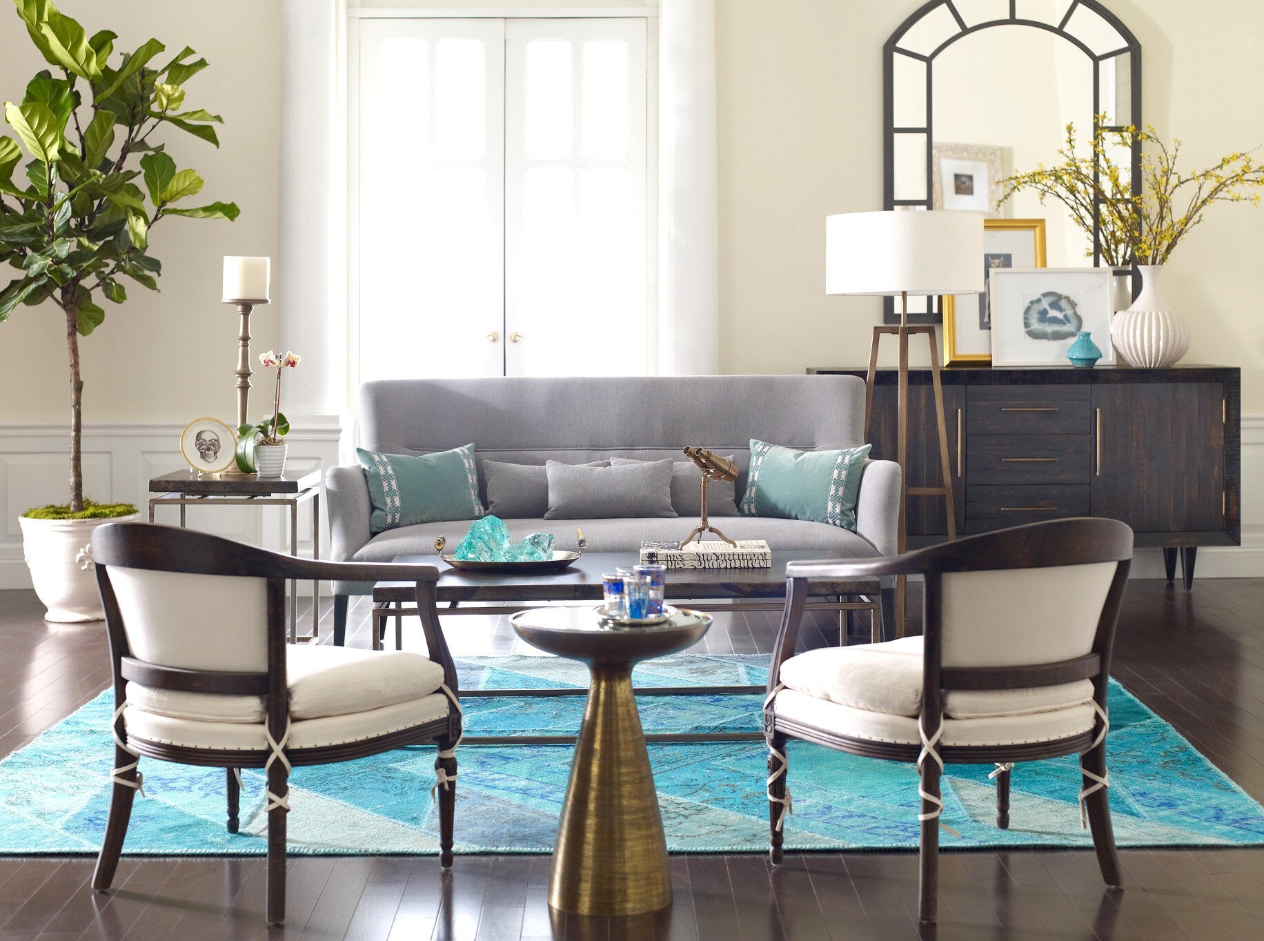 Four Hands Marlow Mod Pedestal Table — Brushed Brass-Ash Glass