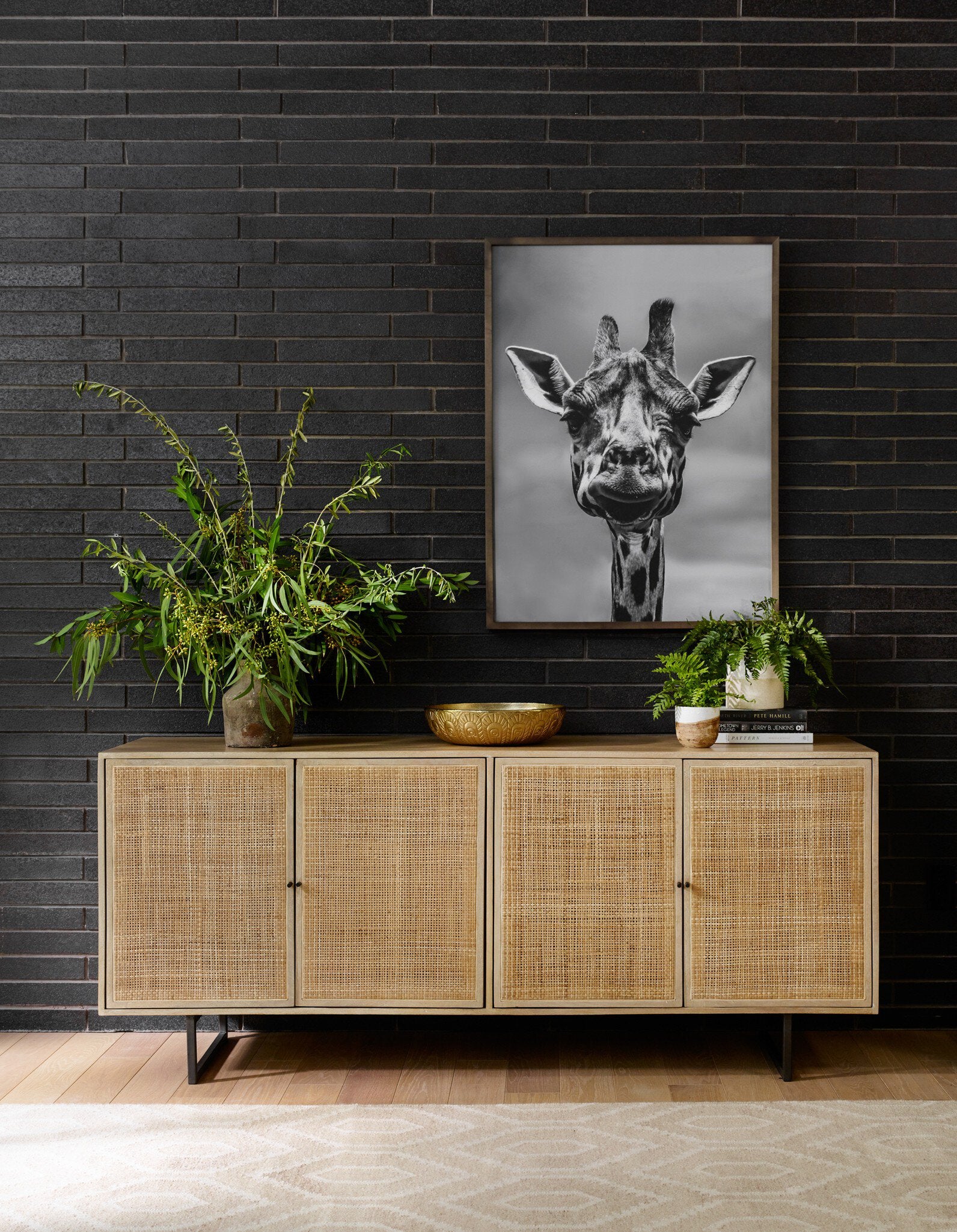 Four Hands Carmel Sideboard — Natural Mango-Natural Cane-Charcoal Grey