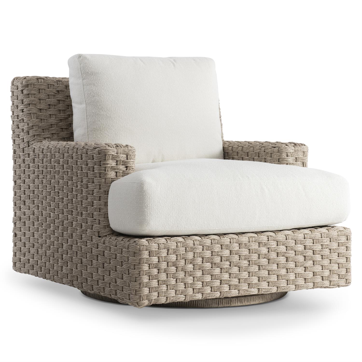 A modern outdoor swivel chair featuring a handwoven all-weather wicker frame in a neutral tone, with thick, plush white cushions. The chair has a deep seat, wide armrests, and a smooth swivel base for easy movement, making it ideal for outdoor lounging.