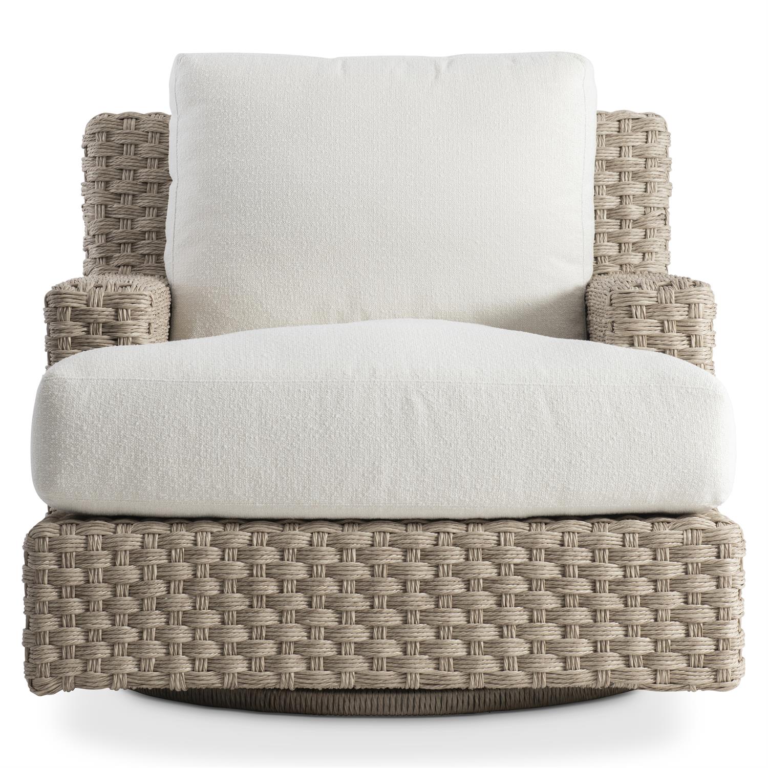 A modern outdoor swivel chair with a deep-weave all-weather wicker frame in a neutral tone. The chair features plush, weather-resistant white cushions with a T-shaped seat and a thick back pillow, providing a cozy and stylish seating experience.
