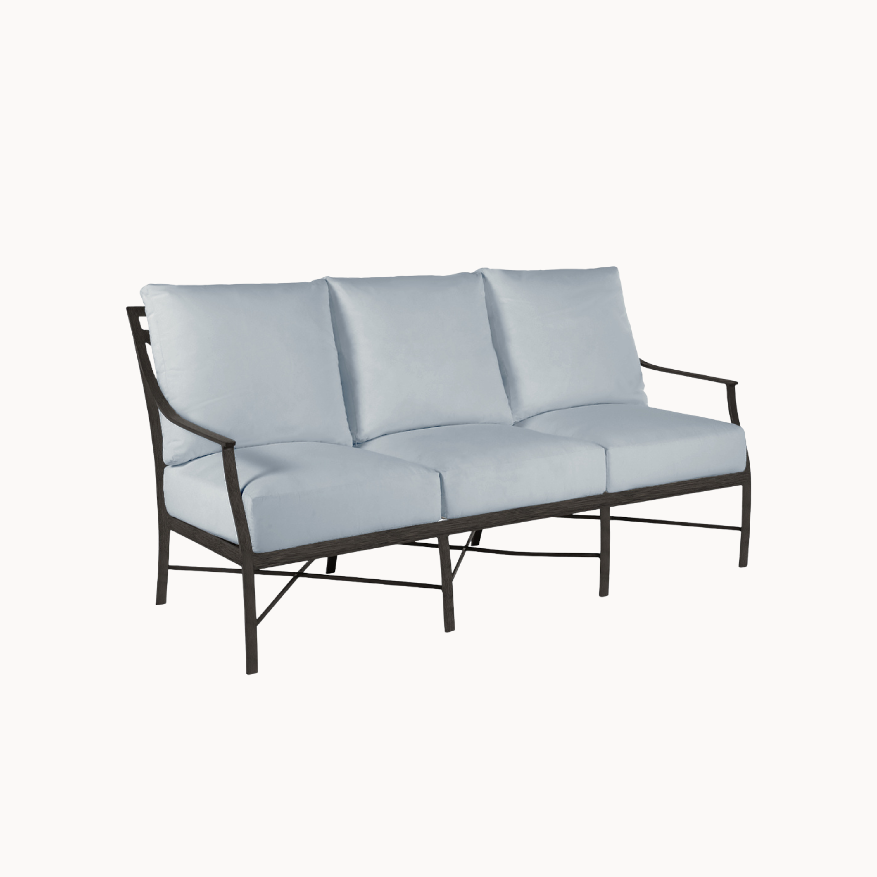 Light blue cushioned sofa with black metal frame on a white background