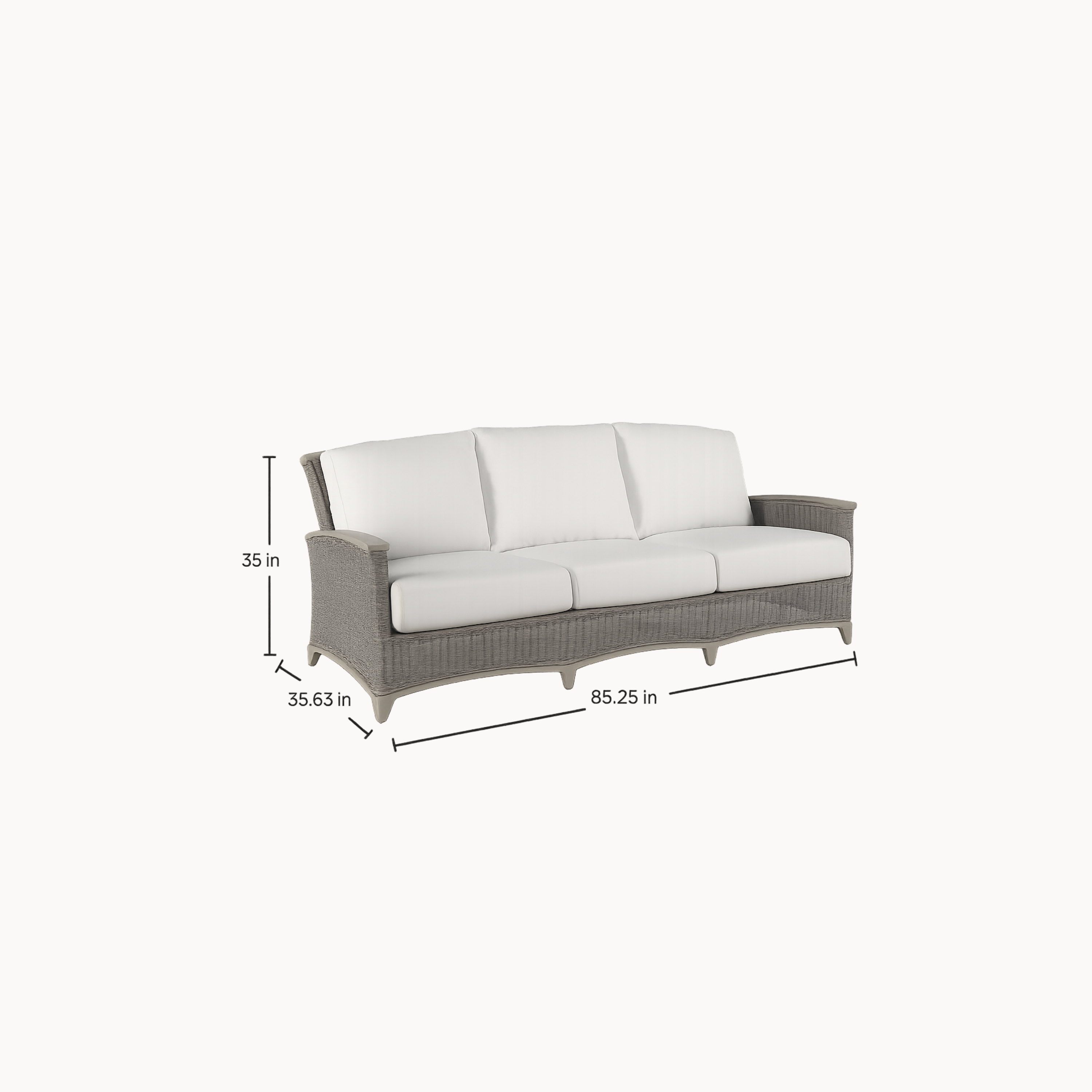 Gray outdoor sofa with white cushions and dimensions on a white background