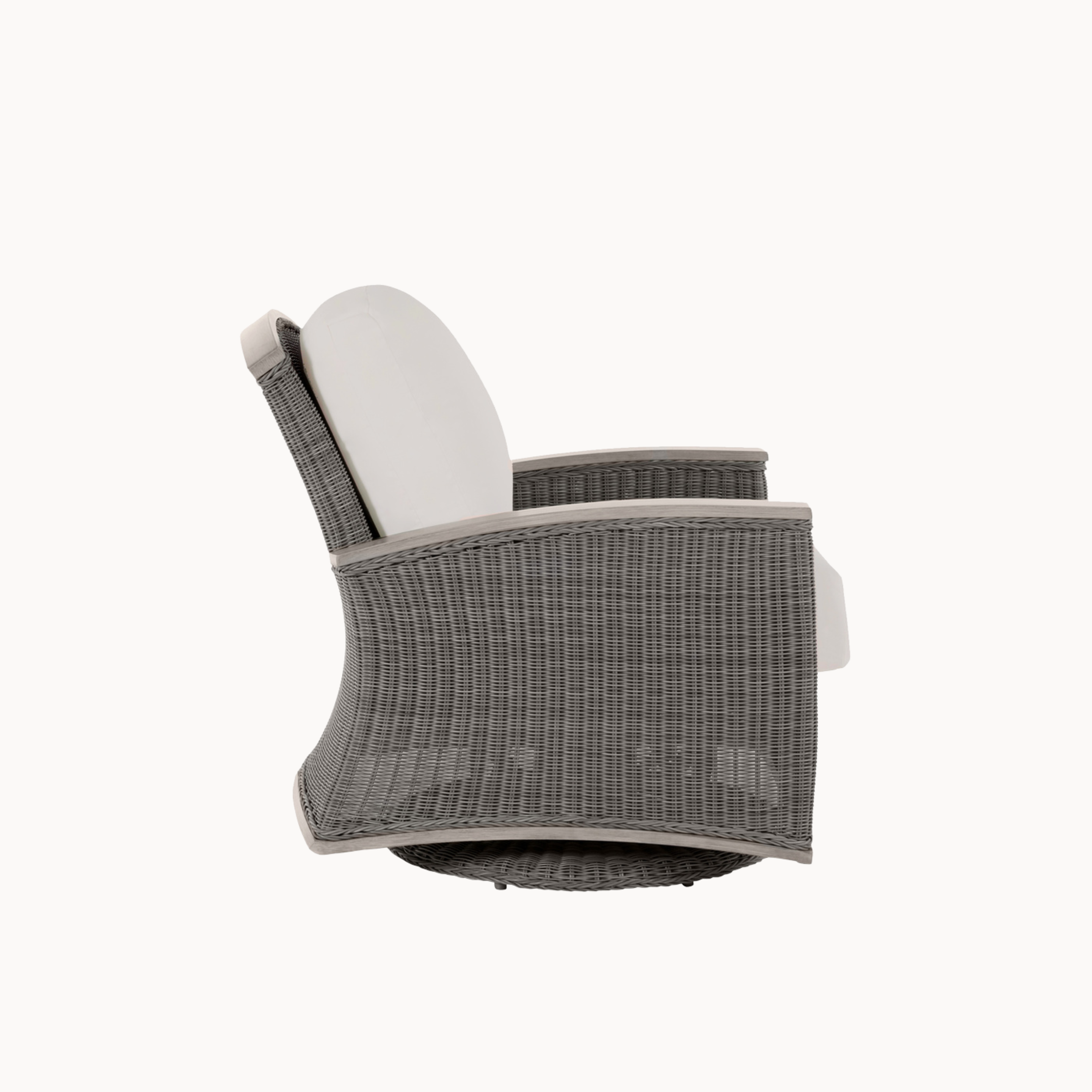 Gray wicker chair with white cushion on a white background