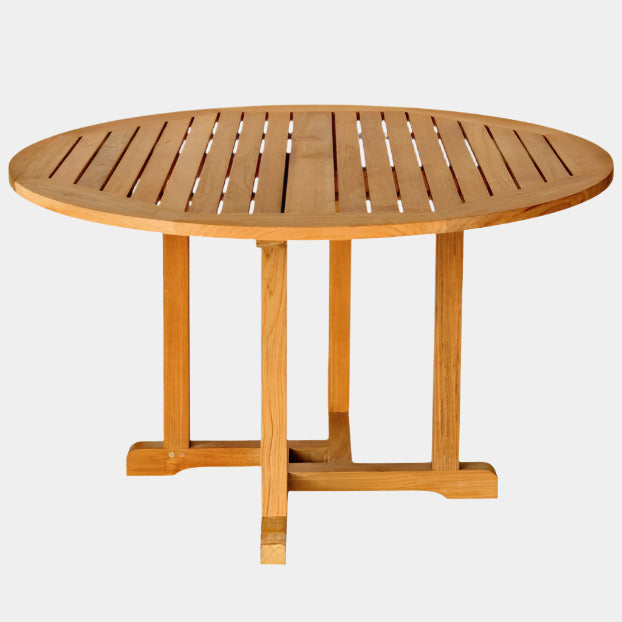 A Three Birds Oxford Teak Round Dining Table, showing its slatted top and four sturdy wooden legs.