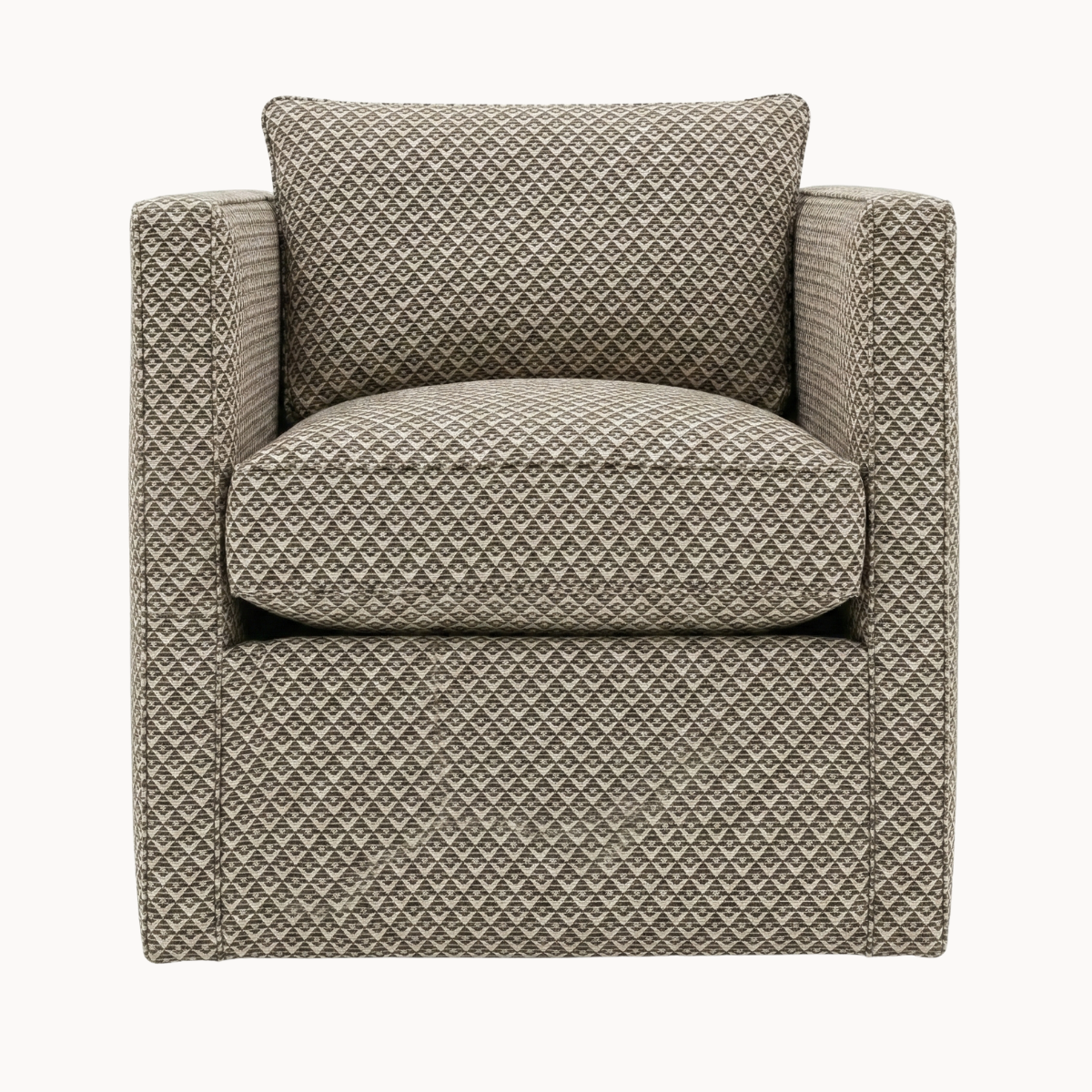 Custom tailored swivel armchair upholstered in a dense brown and beige geometric diamond pattern fabric, shown in front and angled views.