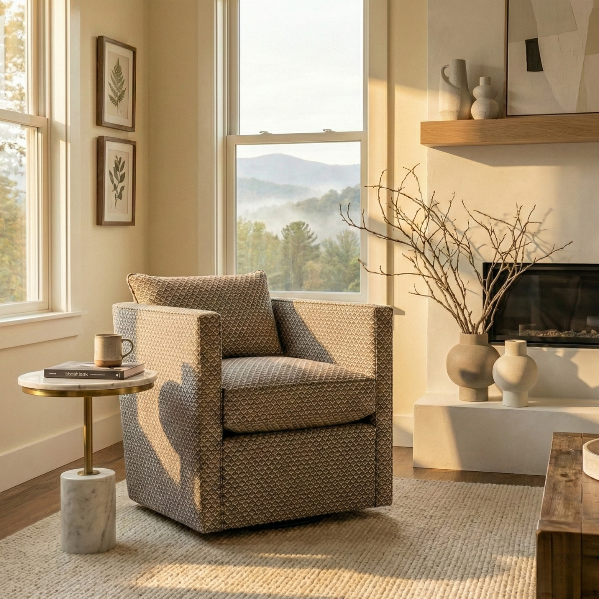 Custom tailored swivel armchair upholstered in a dense brown and beige geometric diamond pattern fabric, shown in front and angled views.