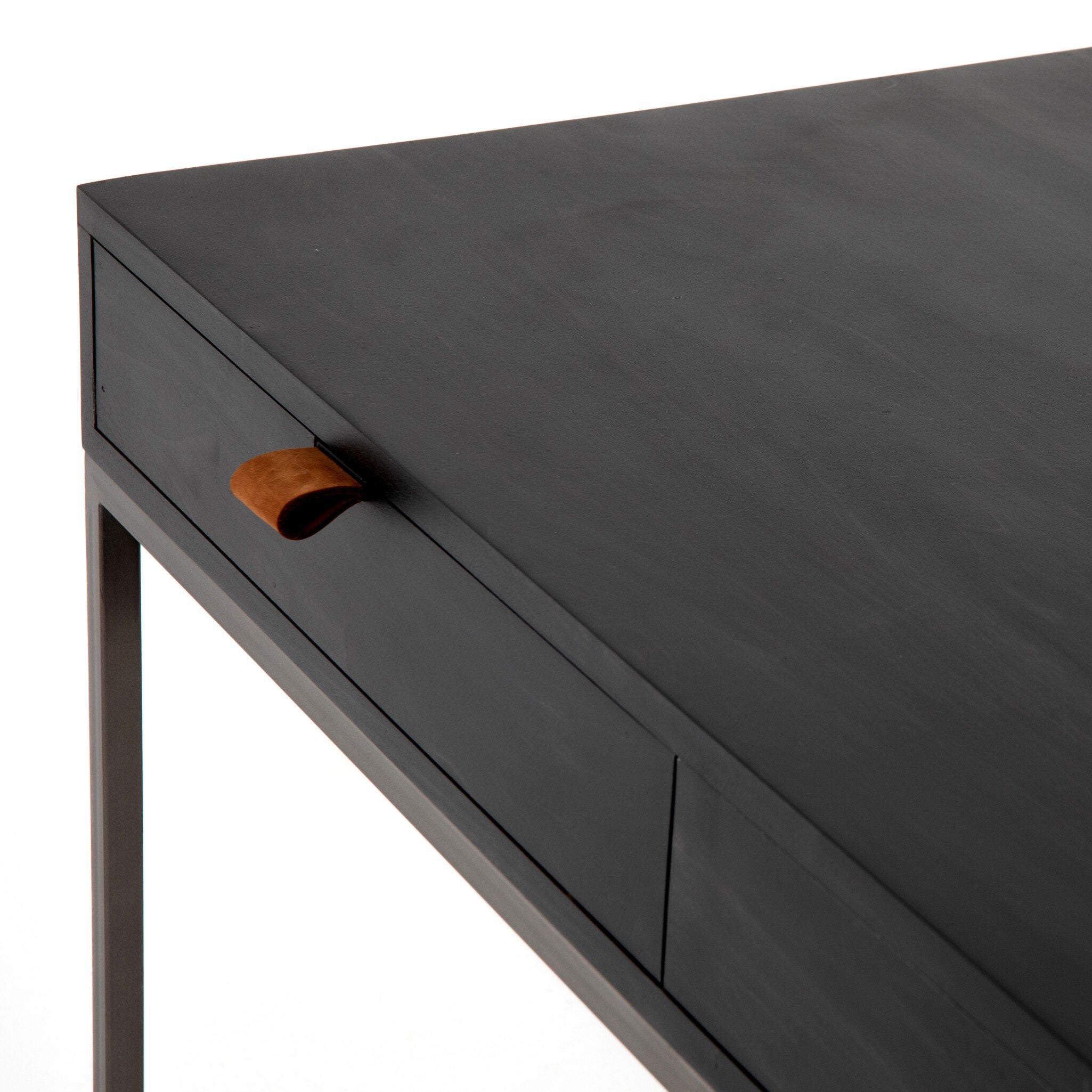 Four Hands Trey Modular Writing Desk — Black Wash Poplar-Natural Iron-Toffee Leather