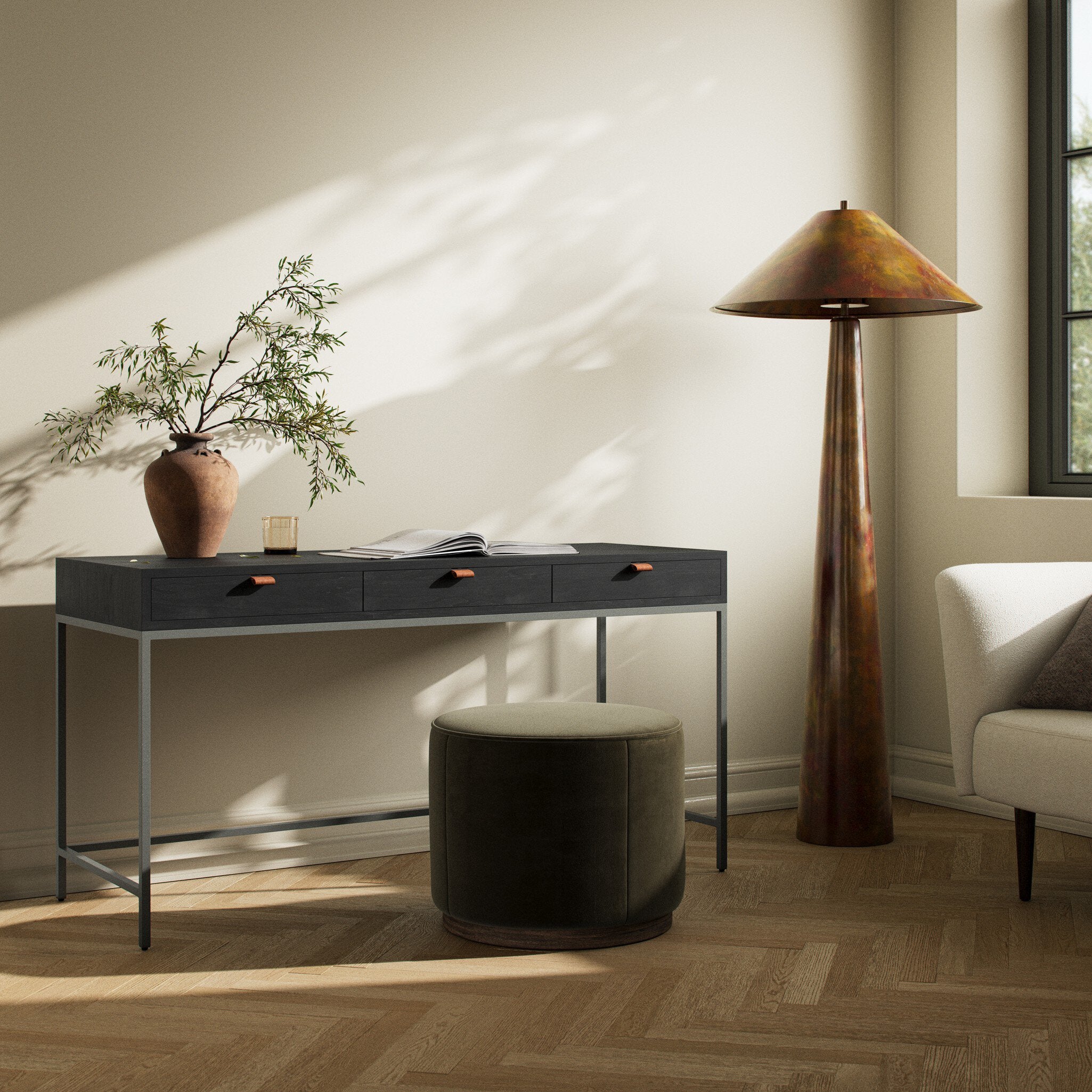 Four Hands Trey Modular Writing Desk — Black Wash Poplar-Natural Iron-Toffee Leather