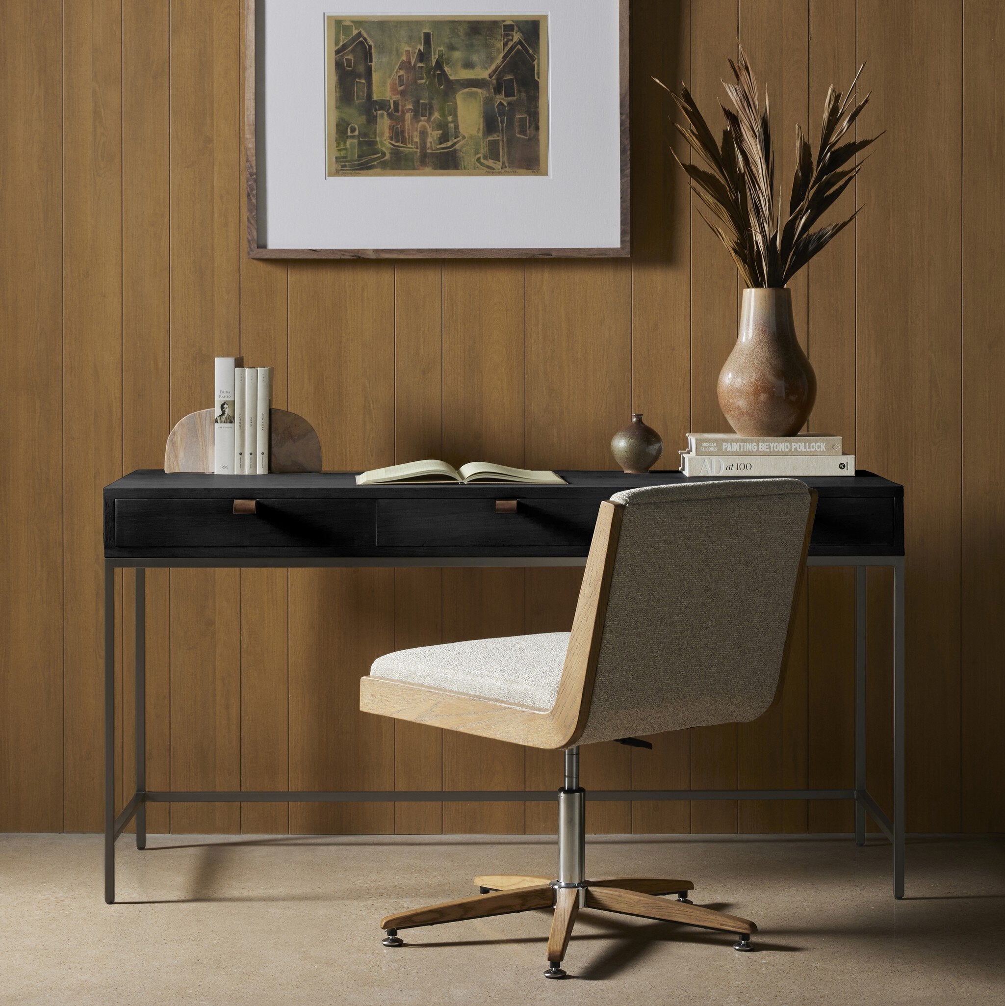 Four Hands Trey Modular Writing Desk — Black Wash Poplar-Natural Iron-Toffee Leather