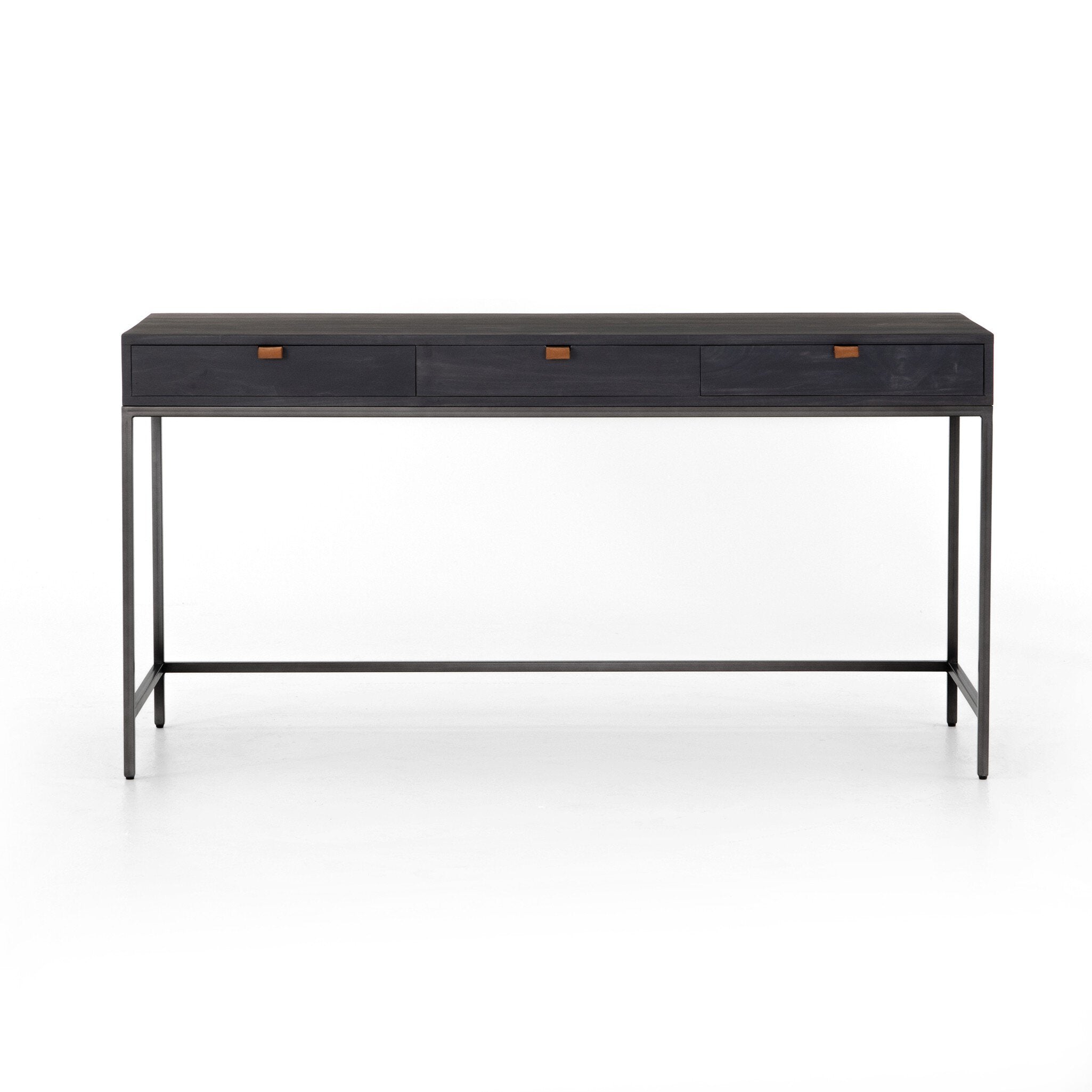 Four Hands Trey Modular Writing Desk — Black Wash Poplar-Natural Iron-Toffee Leather