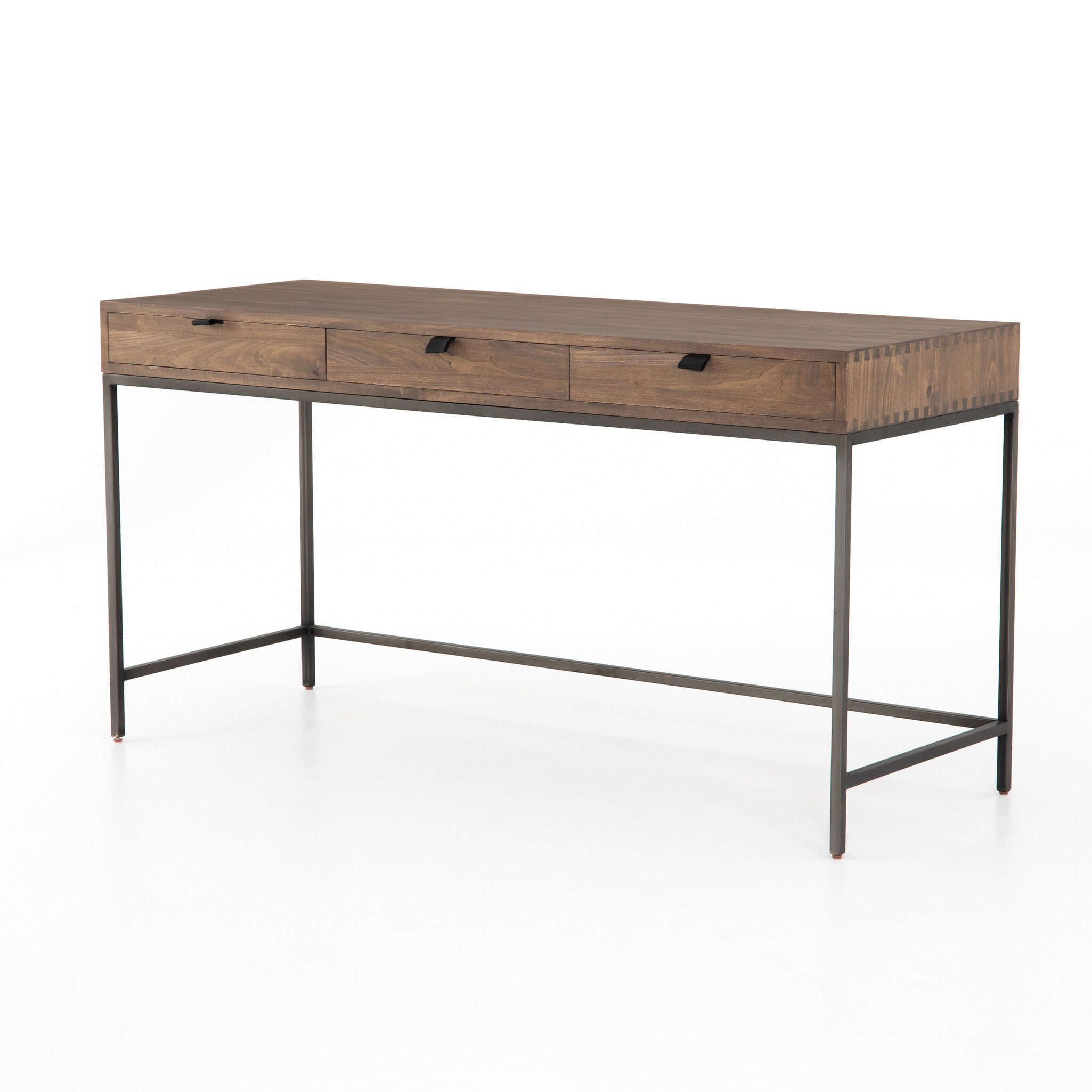 Four Hands Trey Modular Writing Desk — Auburn Poplar-Natural Iron-Black Leather